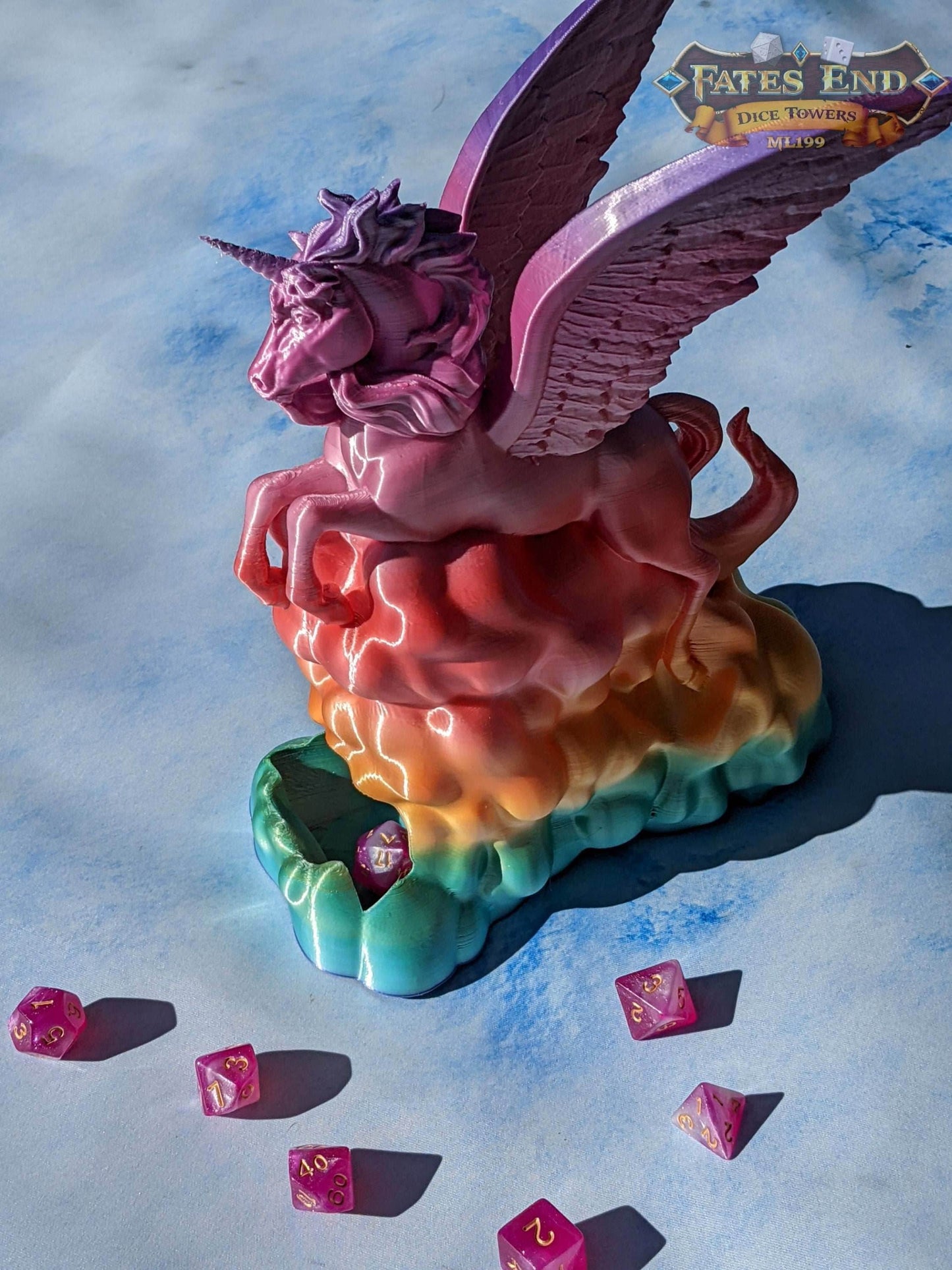 Alicorn & Unicorn 3D Printed Dice Tower- Fate's End Collection - Magical Dice Rolling Experience - Black / Alicorn (With Wings)