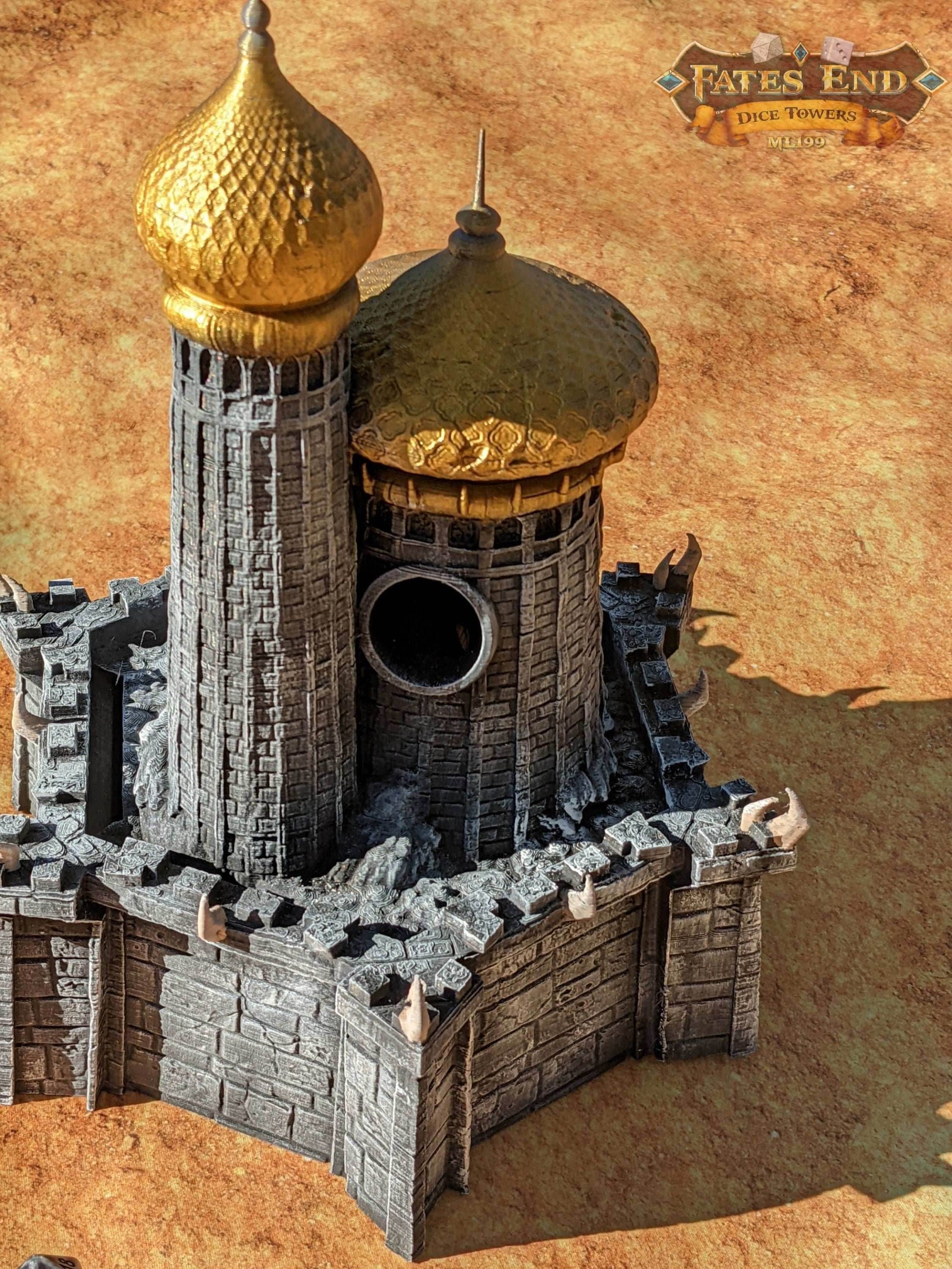 Dragonlance Weis-Hickman 3D Printed Dice Tower - Fate's End Collection - Embark on Legendary Quests, Honoring Epic Narratives with Each Roll - Black / Yes- Include Random Dice Set