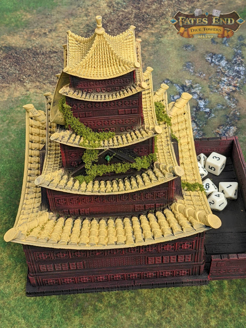 Pagoda Temple - 3D Printed Dice Tower - Fate's End Collection - Channel Serenity & Precision Rolls. - Black / Yes- Include Random Dice Set