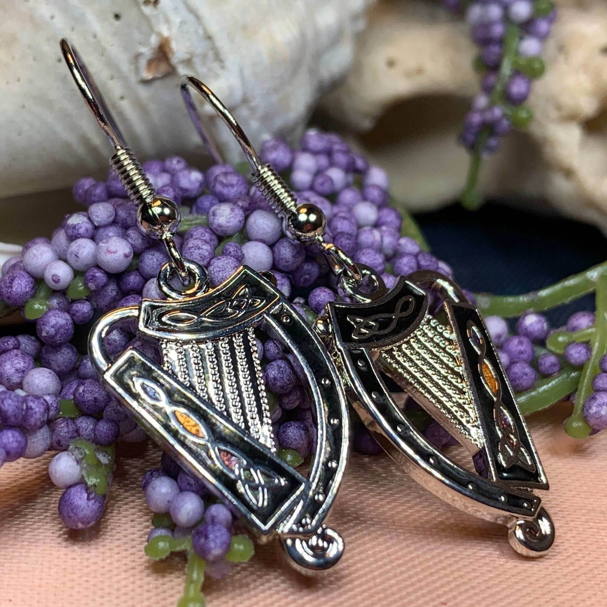 Celtic Harp Earrings - Silver Tone