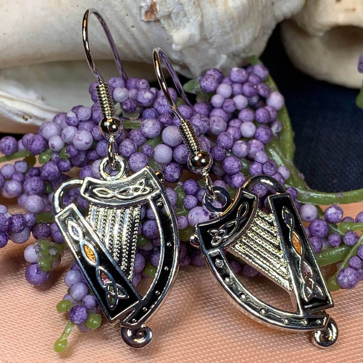 Celtic Harp Earrings - Silver Tone