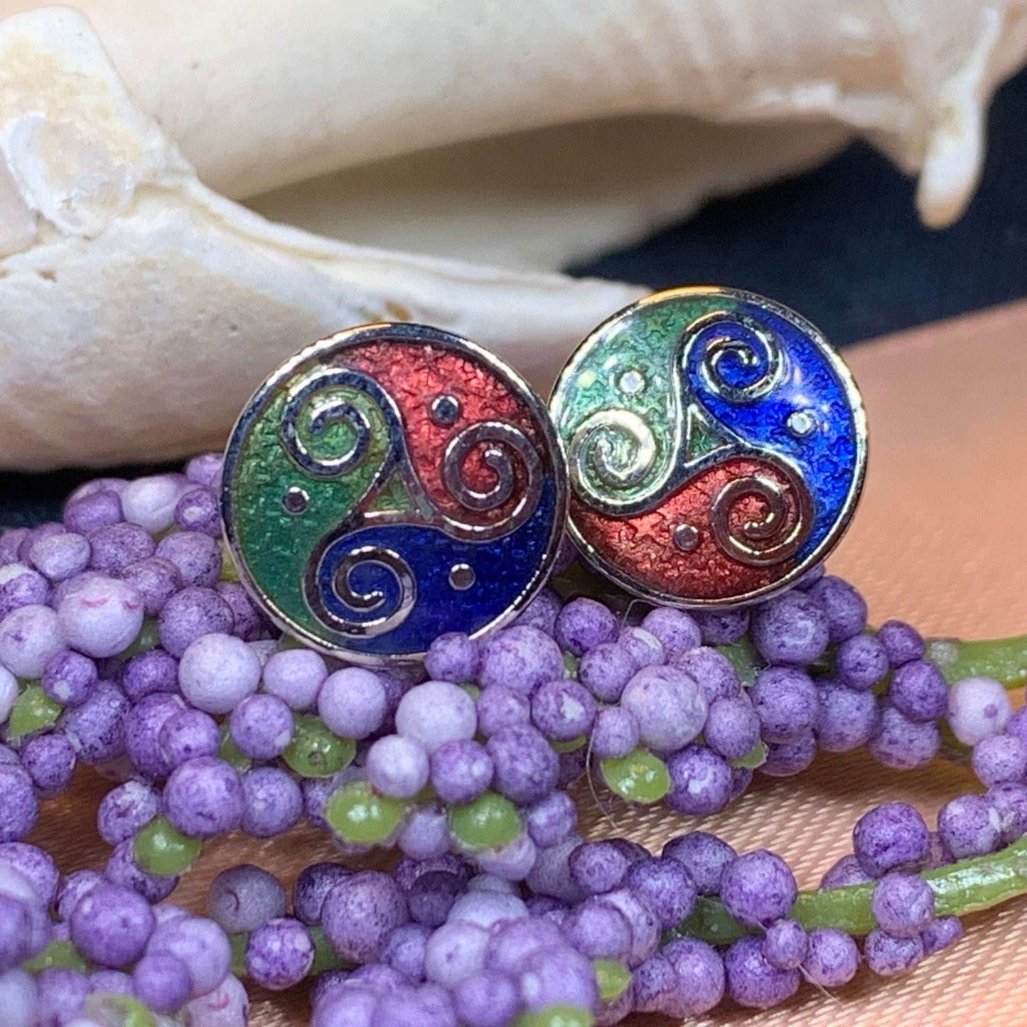 Celtic Triskele Stud Earrings - Green