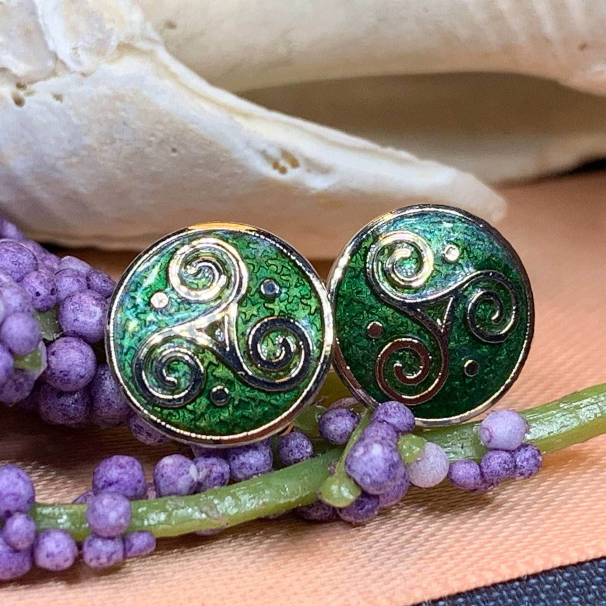 Celtic Triskele Stud Earrings - Green