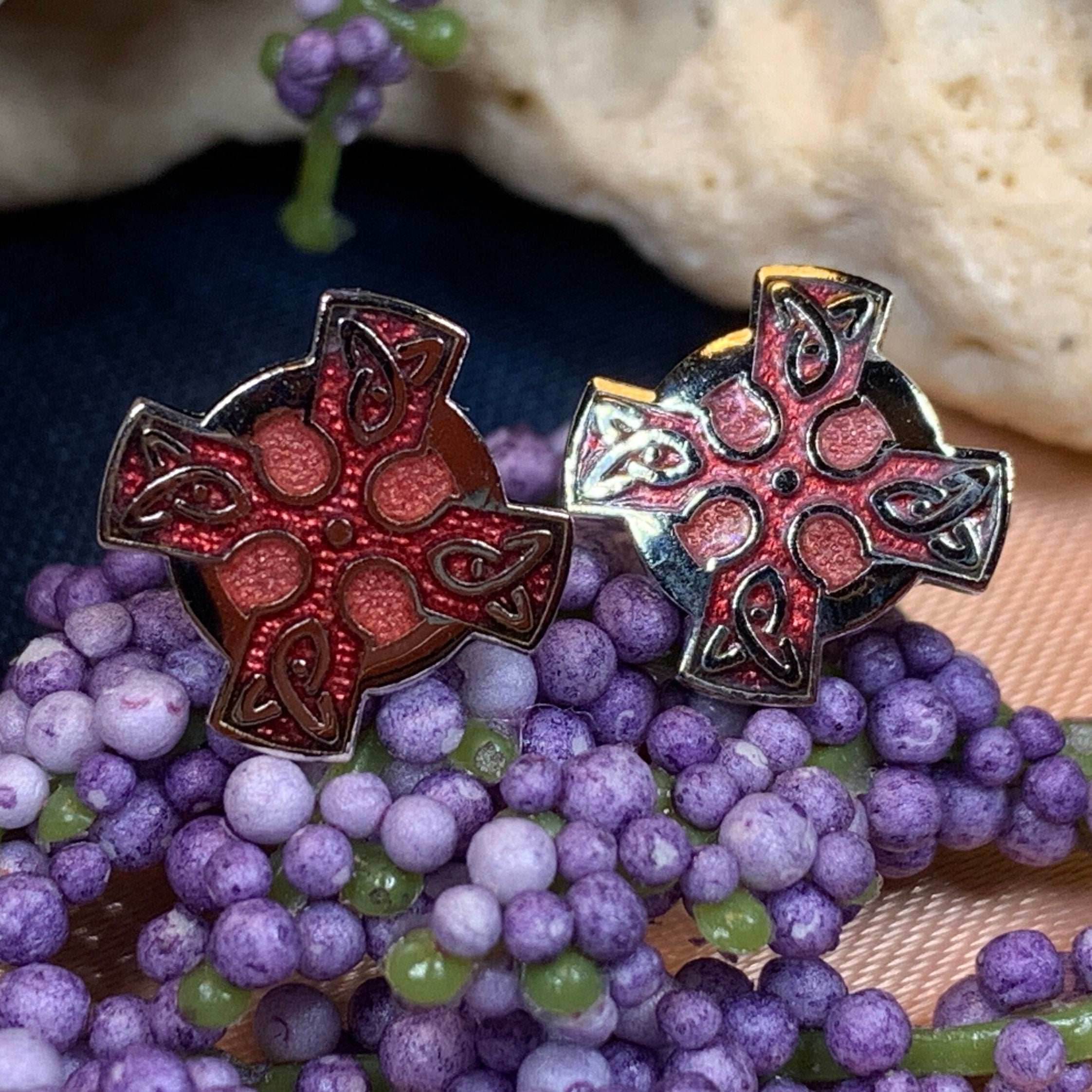Enamel Celtic Cross Stud Earrings - Green