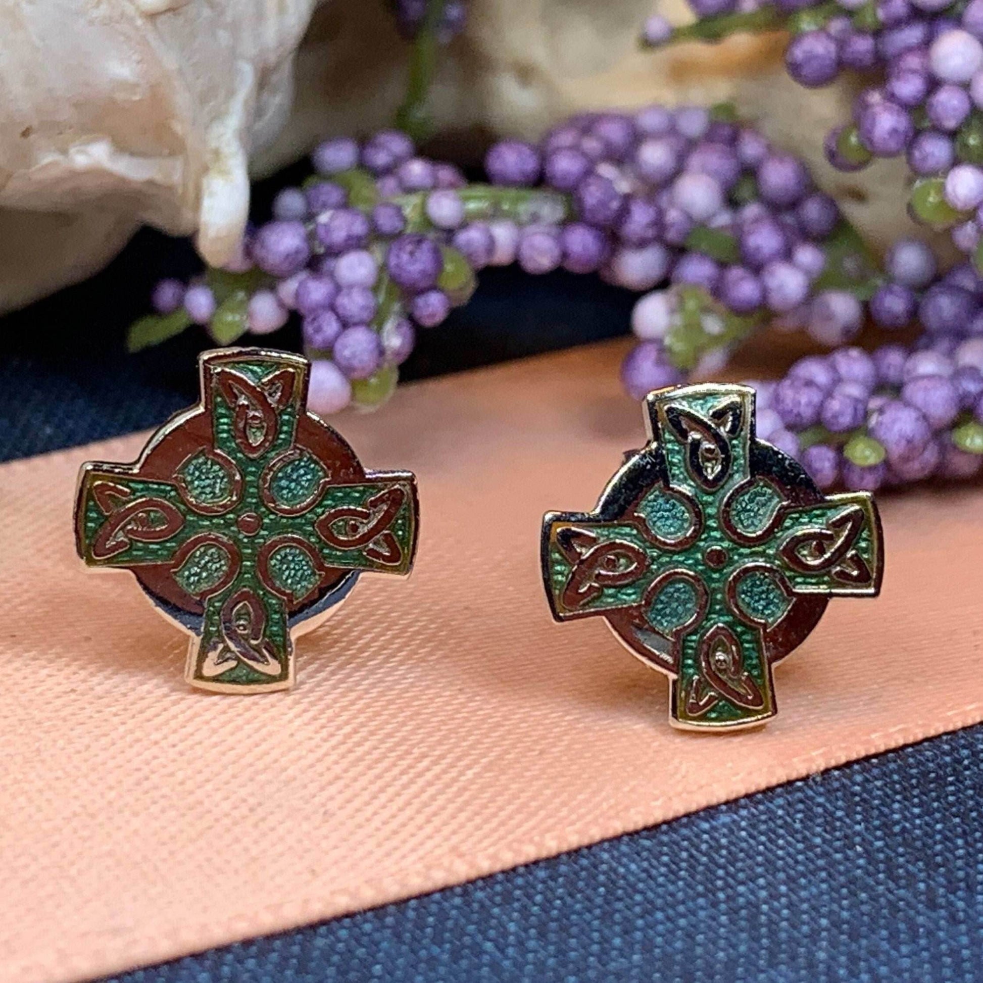 Enamel Celtic Cross Stud Earrings - Green