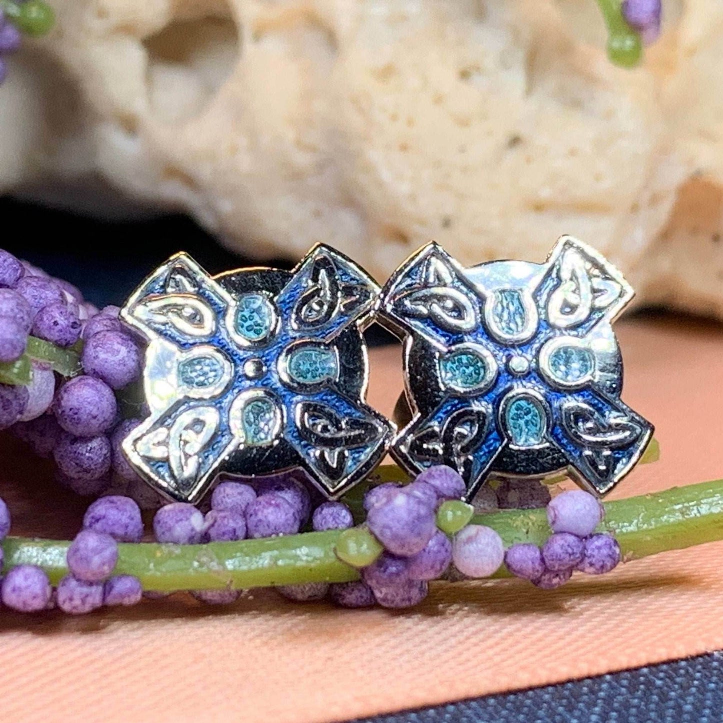 Enamel Celtic Cross Stud Earrings - Blue