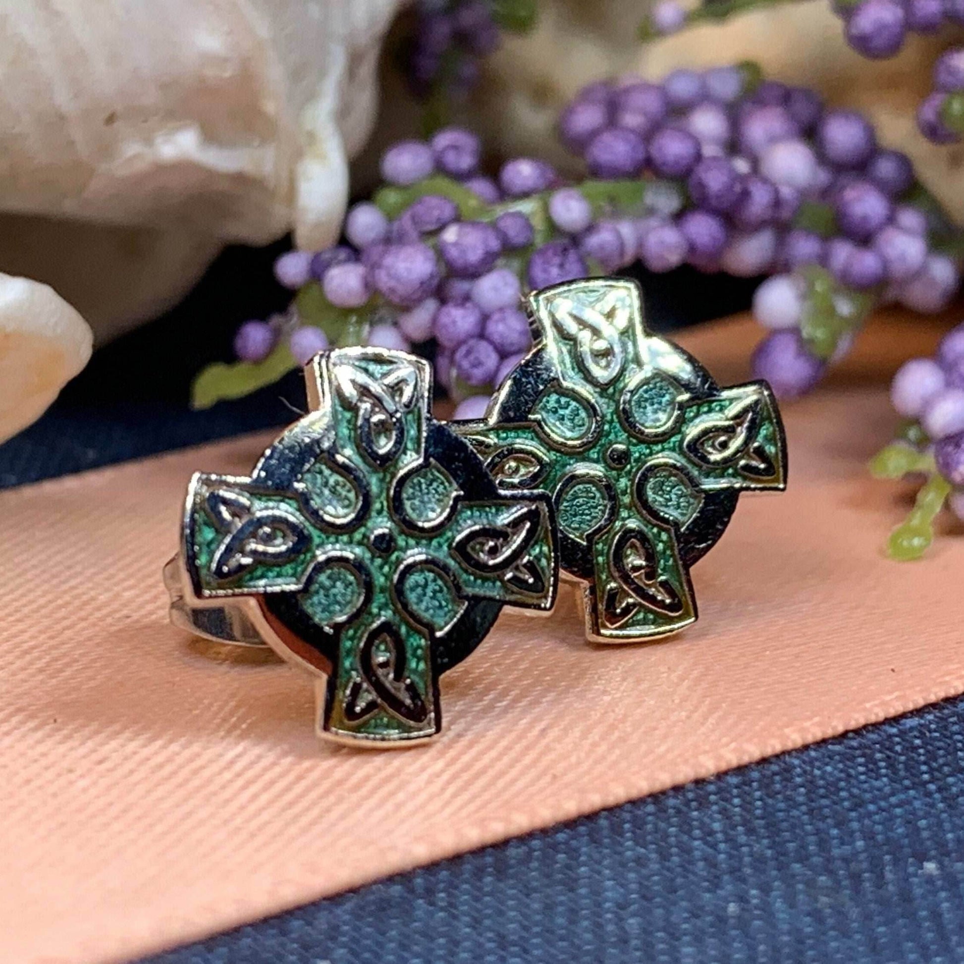 Enamel Celtic Cross Stud Earrings - Green