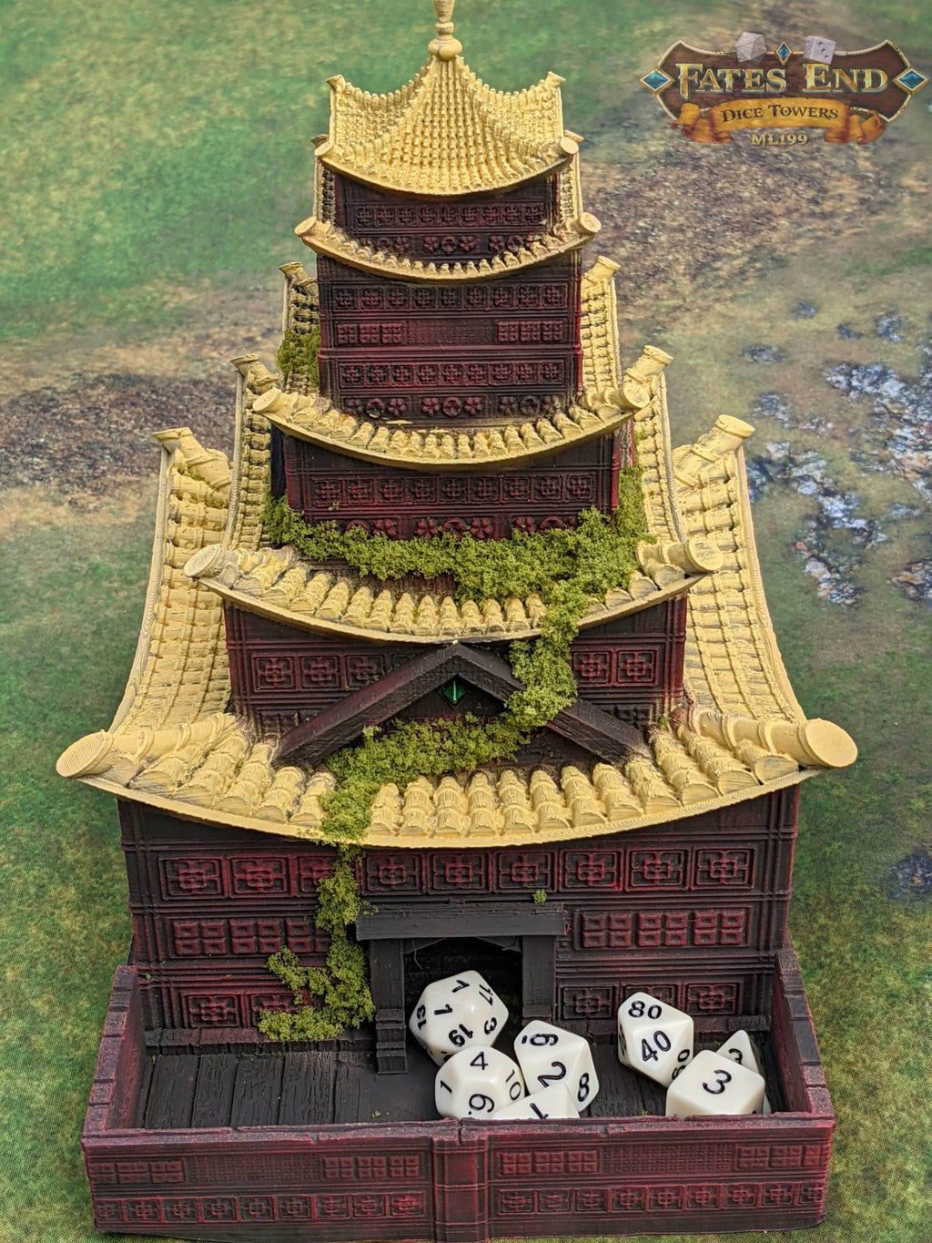 Pagoda Temple - 3D Printed Dice Tower - Fate's End Collection - Channel Serenity & Precision Rolls. - Black / Yes- Include Random Dice Set