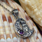 Celtic Cat in the Moon Necklace - 18 / Amethyst