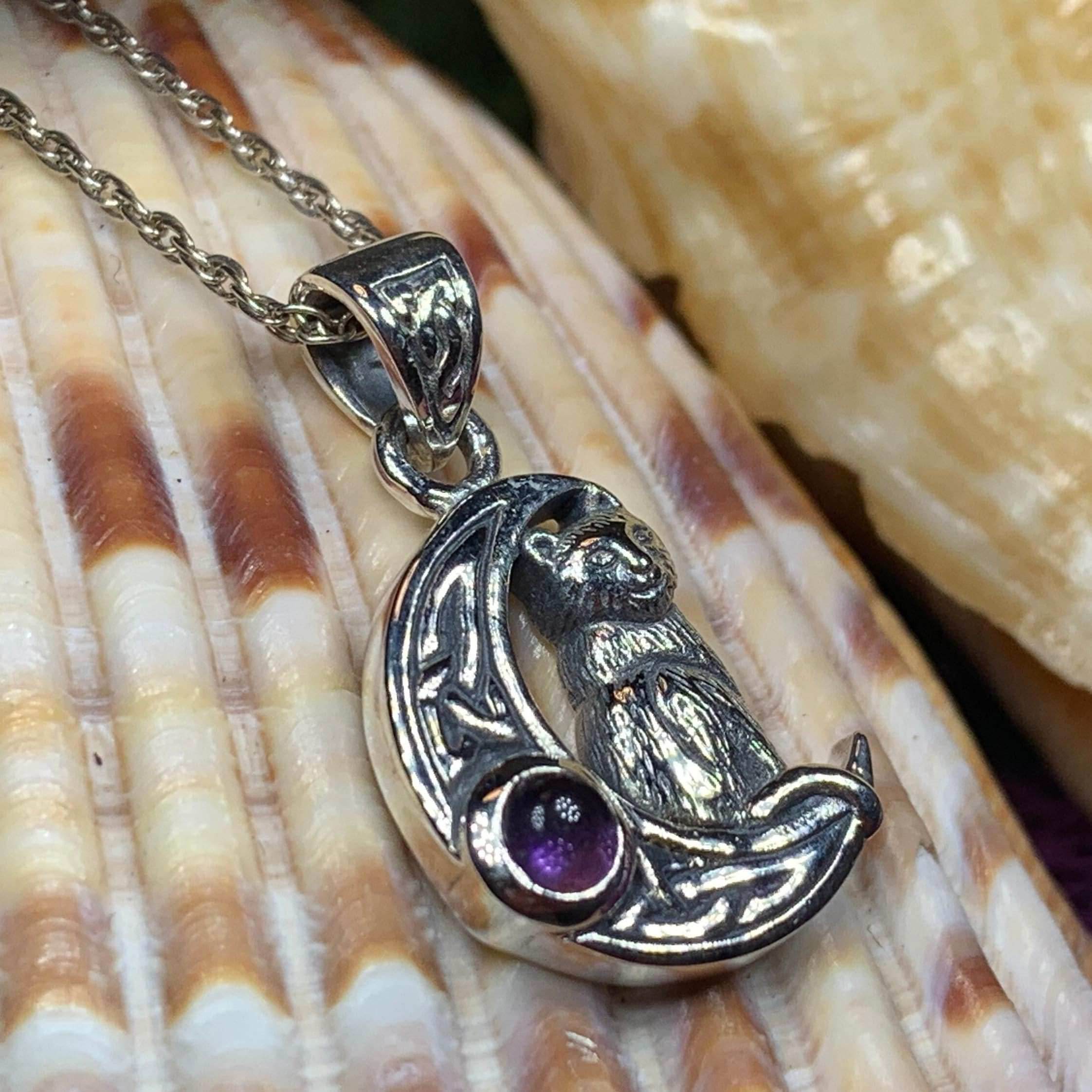 Celtic Cat in the Moon Necklace - 18 / Amethyst