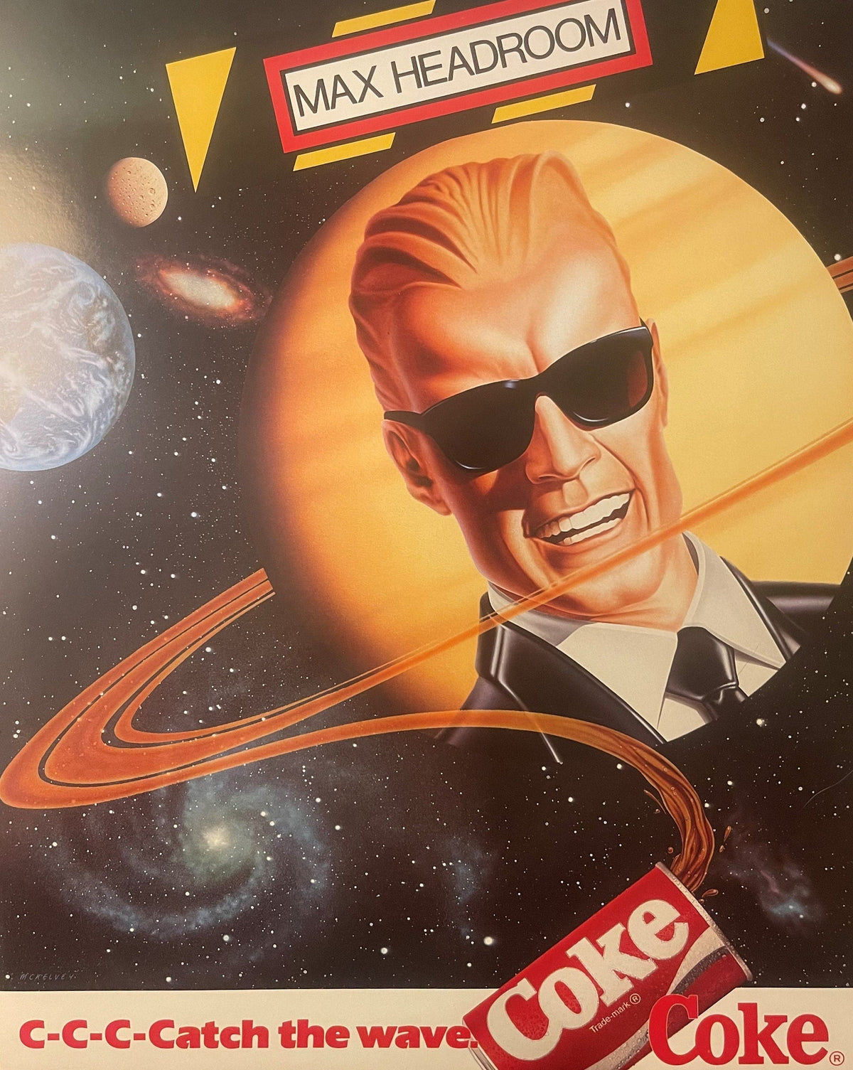 Vintage 1986 Max Headroom Coca-Cola Poster 🚀 "C-C-C-Catch the Wave" Space Theme Advertising Litho, Plate-Signed McKelvey