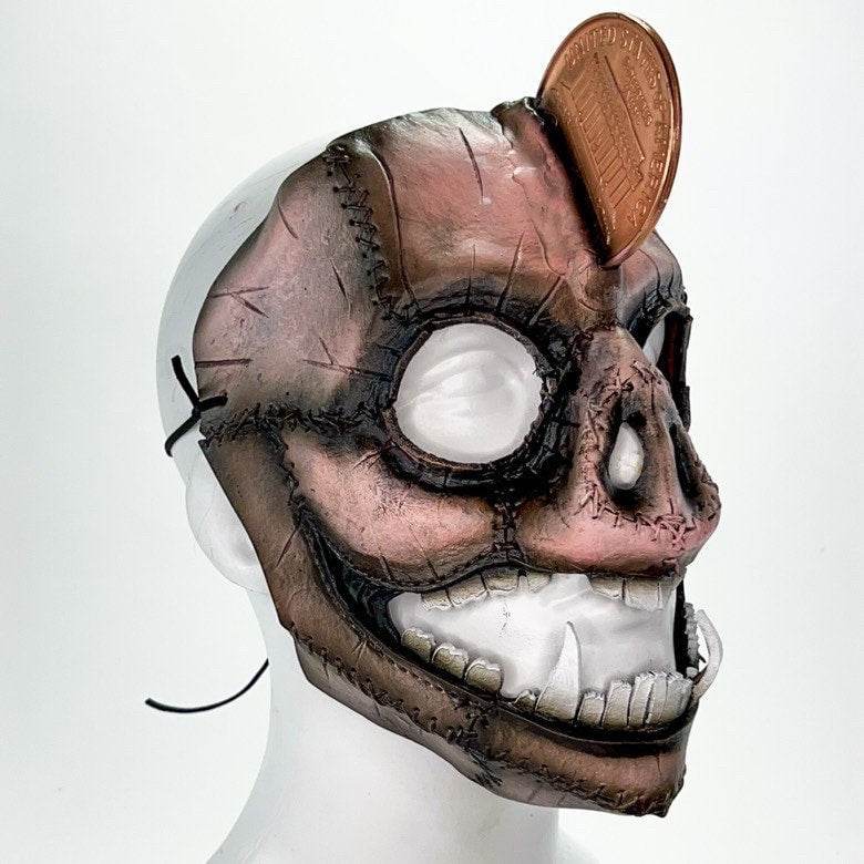 Demented Piggy Bank - Genuine Leather Mask - Real Copper Penny - Handmade Full Face Cover for Halloween or Performance Costume - 