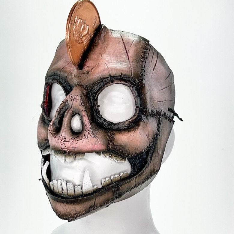 Demented Piggy Bank - Genuine Leather Mask - Real Copper Penny - Handmade Full Face Cover for Halloween or Performance Costume - 