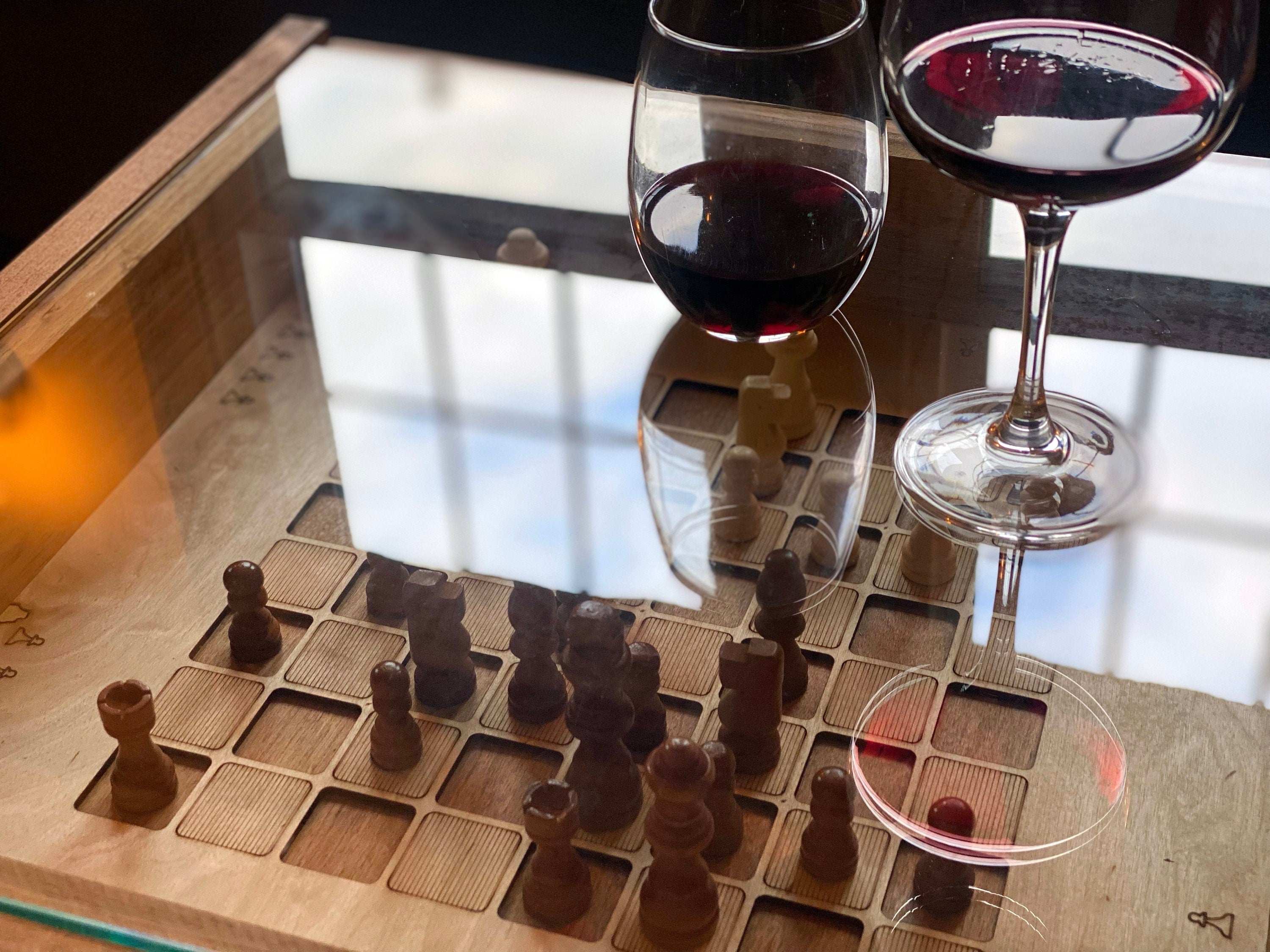 Rustic Chess and Checkers Table with removable glass top - chess and checkers pieces included - 