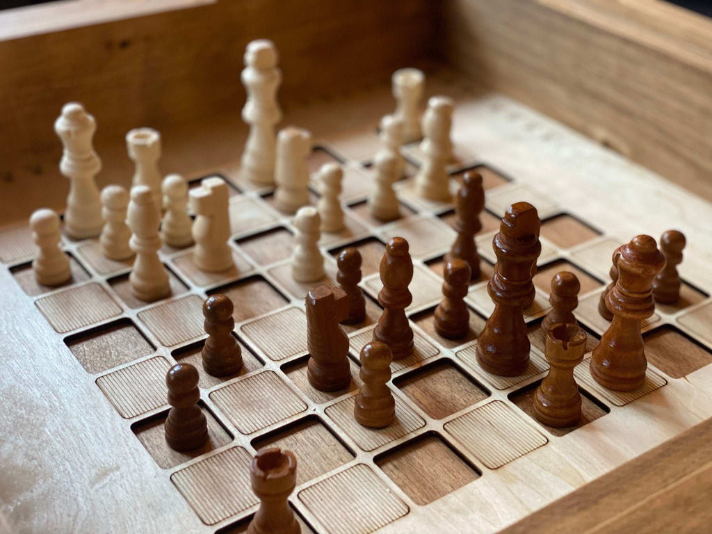 Rustic Chess and Checkers Table with removable glass top - chess and checkers pieces included - 