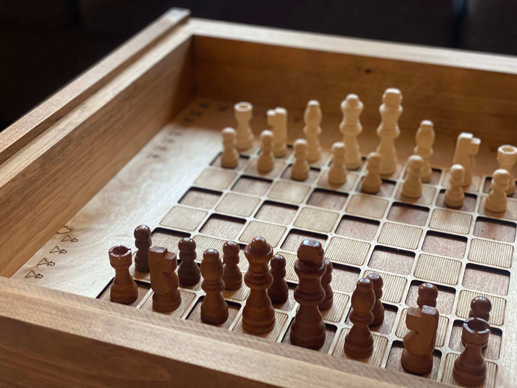 Rustic Chess and Checkers Table with removable glass top - chess and checkers pieces included - 