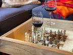 Rustic Chess and Checkers Table with removable glass top - chess and checkers pieces included - 