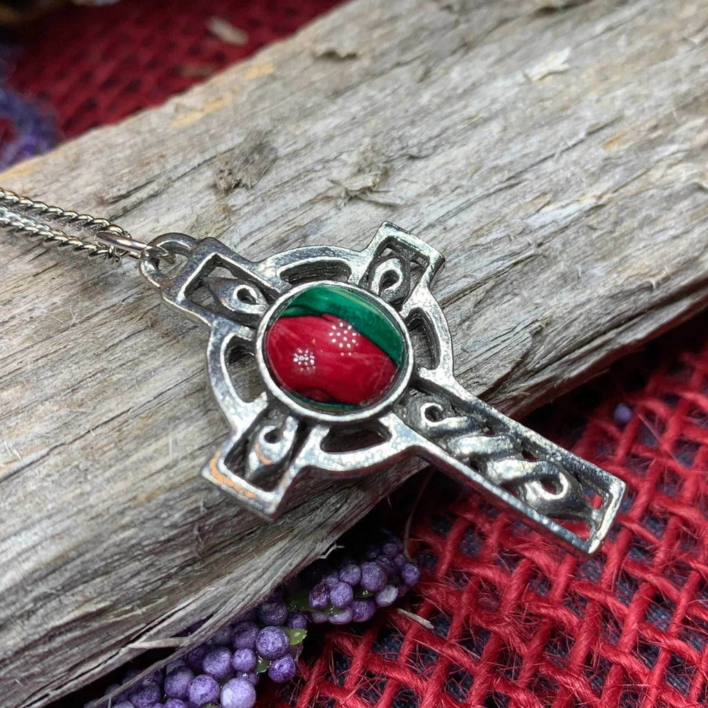 Heathergems Celtic Cross Necklace - Red Green