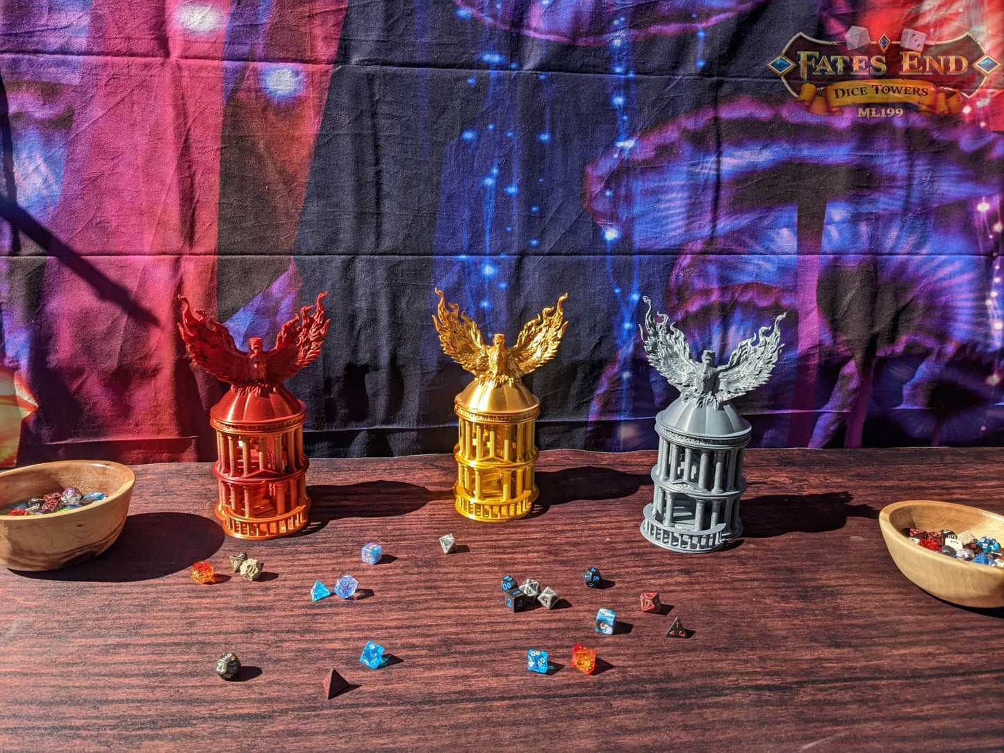 Phoenix 3D Printed Dice Tower - Fate's End Collection - Ignite Your Rolls with Flames of Rebirth and Soaring Resilience. - Black / Yes- Include Random Dice Set