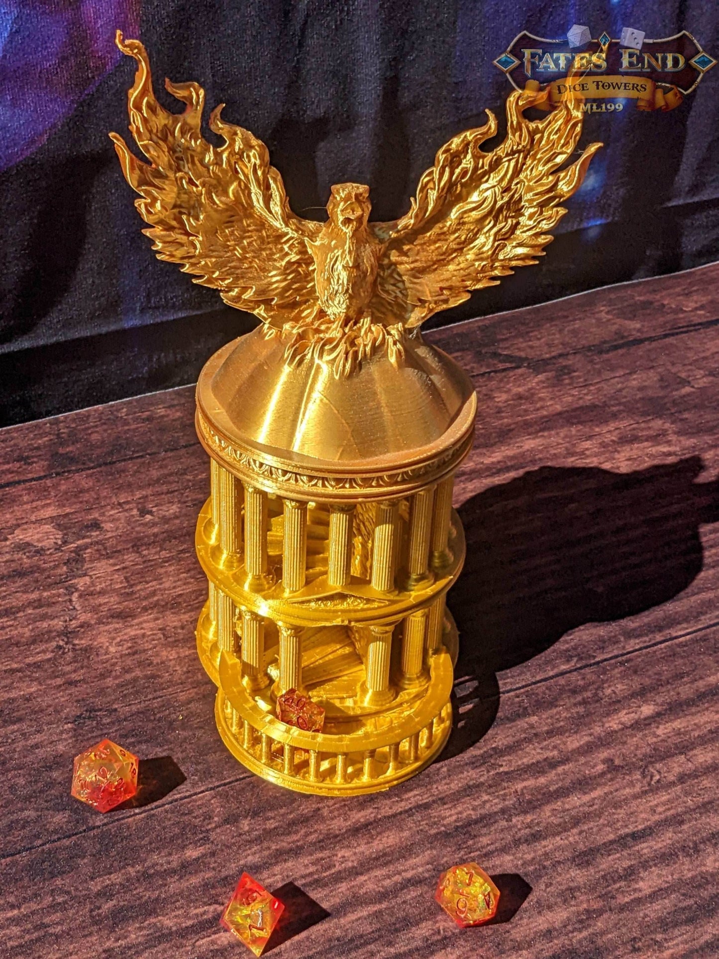 Phoenix 3D Printed Dice Tower - Fate's End Collection - Ignite Your Rolls with Flames of Rebirth and Soaring Resilience. - Black / Yes- Include Random Dice Set