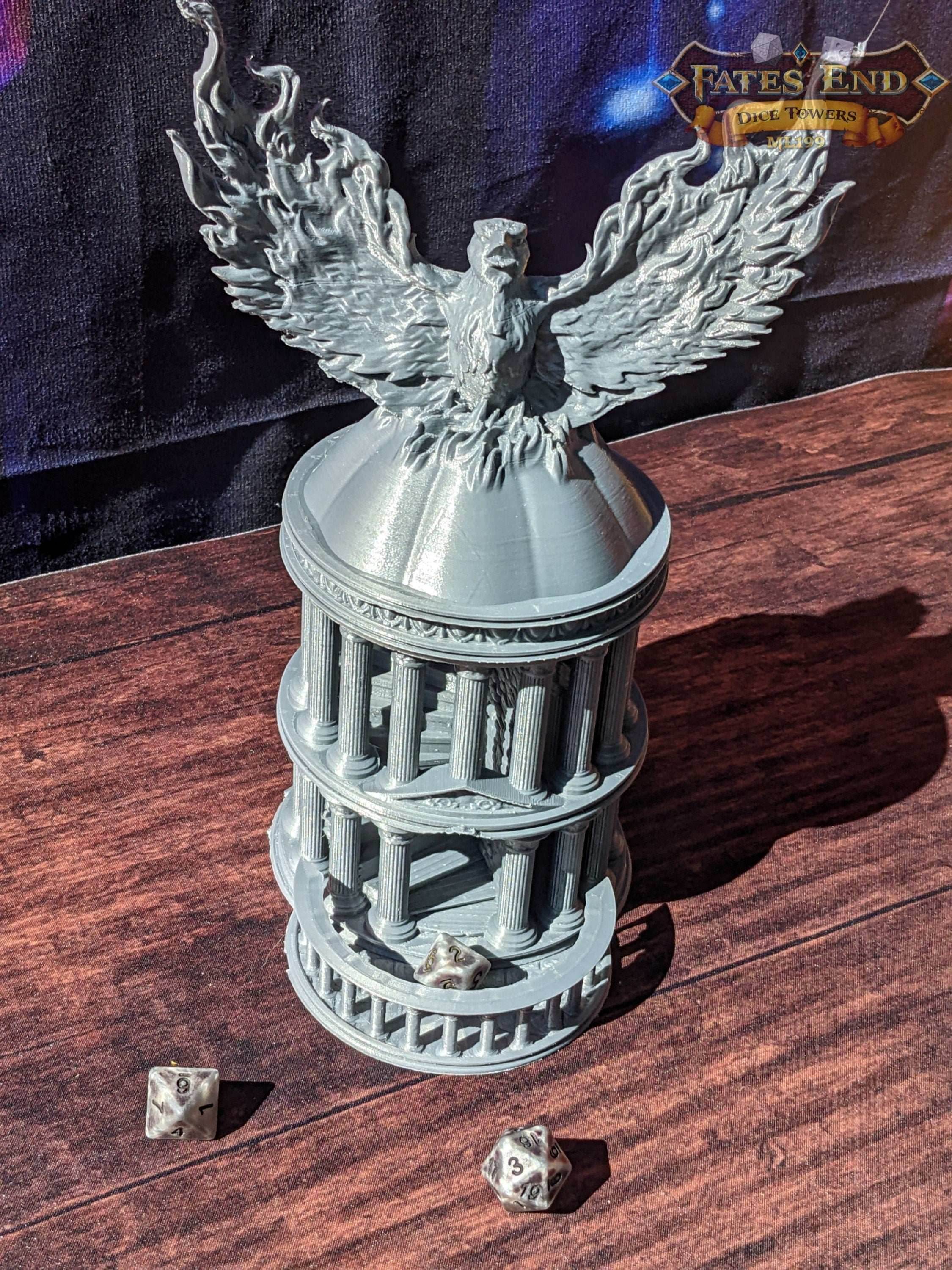 Phoenix 3D Printed Dice Tower - Fate's End Collection - Ignite Your Rolls with Flames of Rebirth and Soaring Resilience. - Black / Yes- Include Random Dice Set