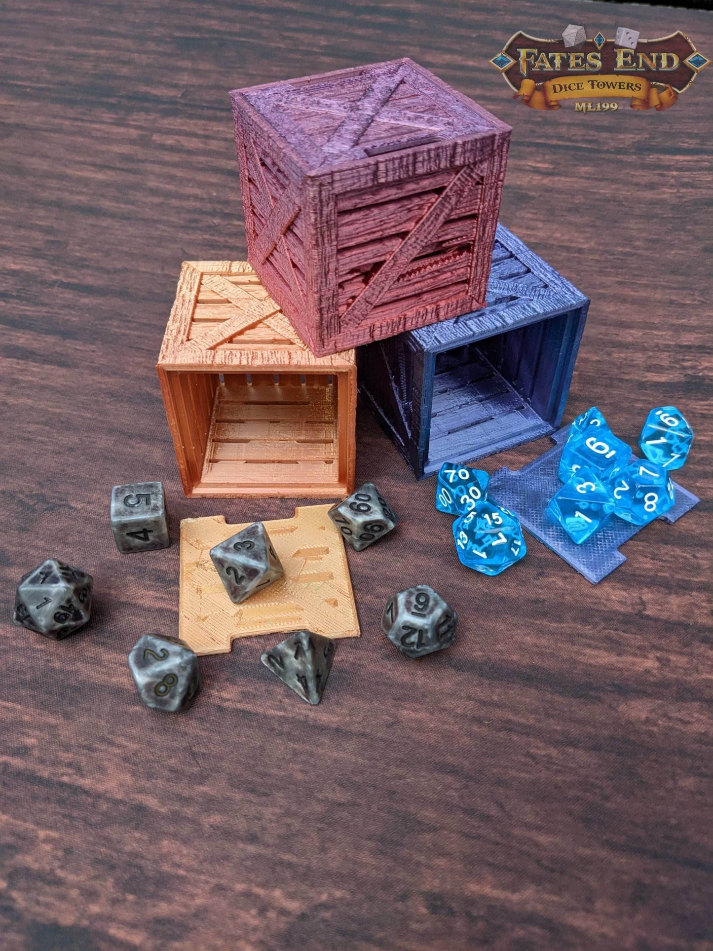 Wooden Crate 3D Printed Dice Box/Dice Jail/Dice Vault - Fate's End Collection - Rustic Storage to organize your dice in style. - Black / Yes- Include Random Dice Set