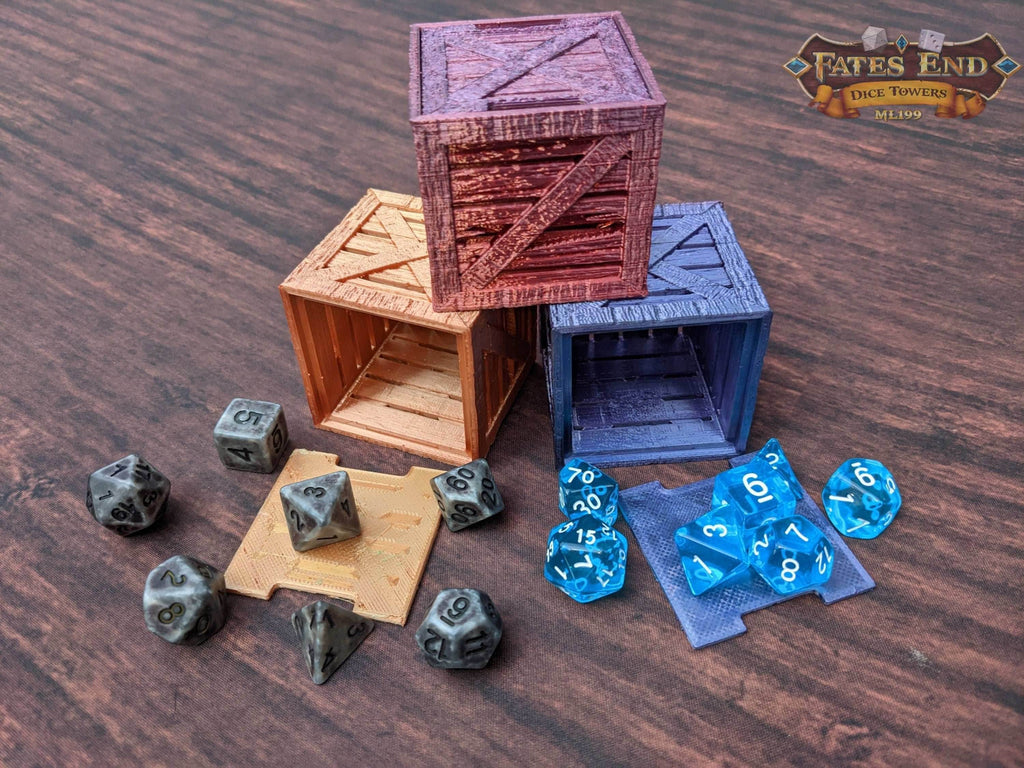 Wooden Crate 3D Printed Dice Box/Dice Jail/Dice Vault - Fate's End Collection - Rustic Storage to organize your dice in style. - Black / Yes- Include Random Dice Set