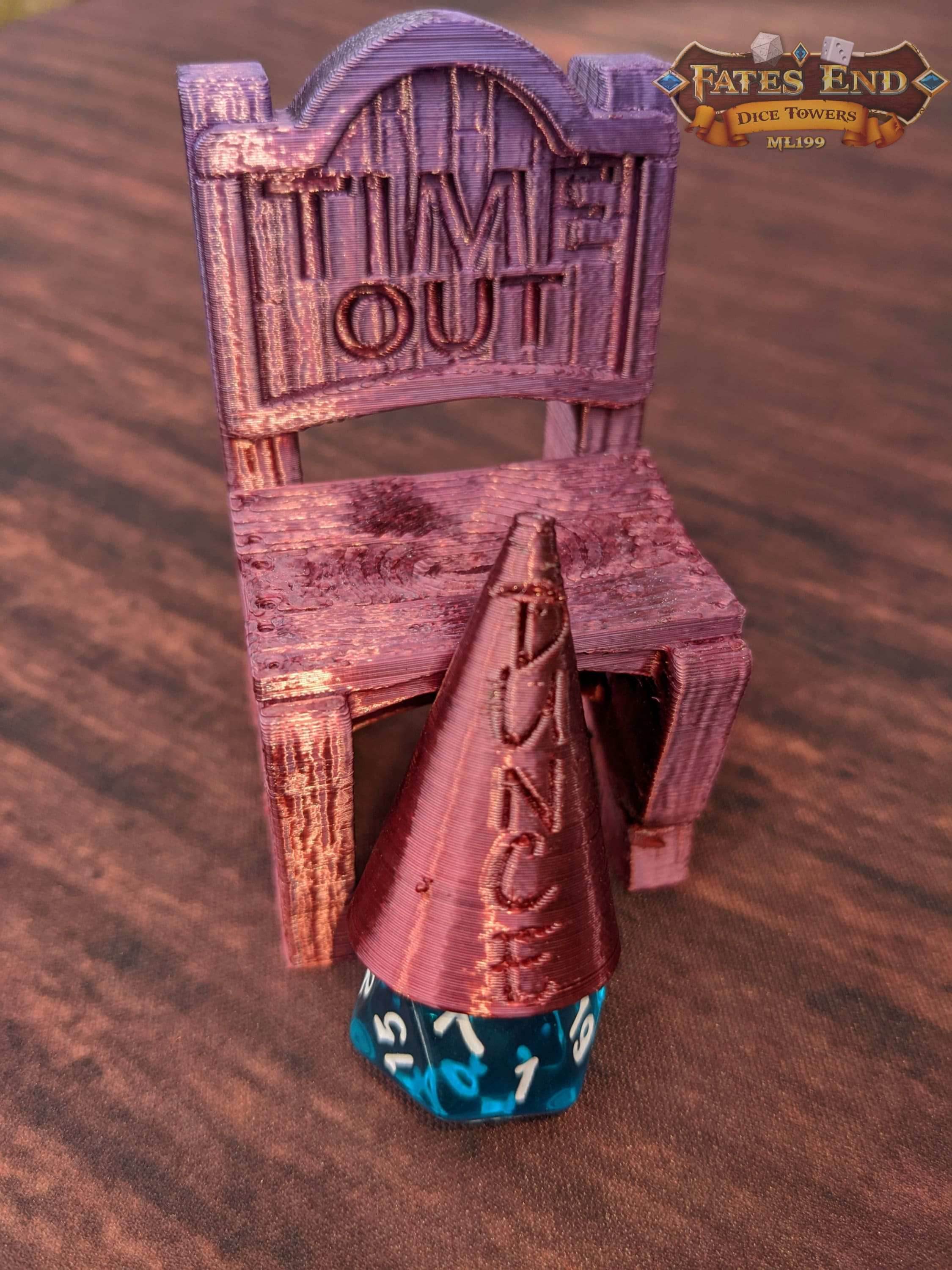 Time Out Chair & Dunce Cap 3D Printed Dice Jail - RPG Dice Vault - D20 Shame Chair - Roll for Redemption and Shameless Fun - Black / Yes- Include Random Dice Set