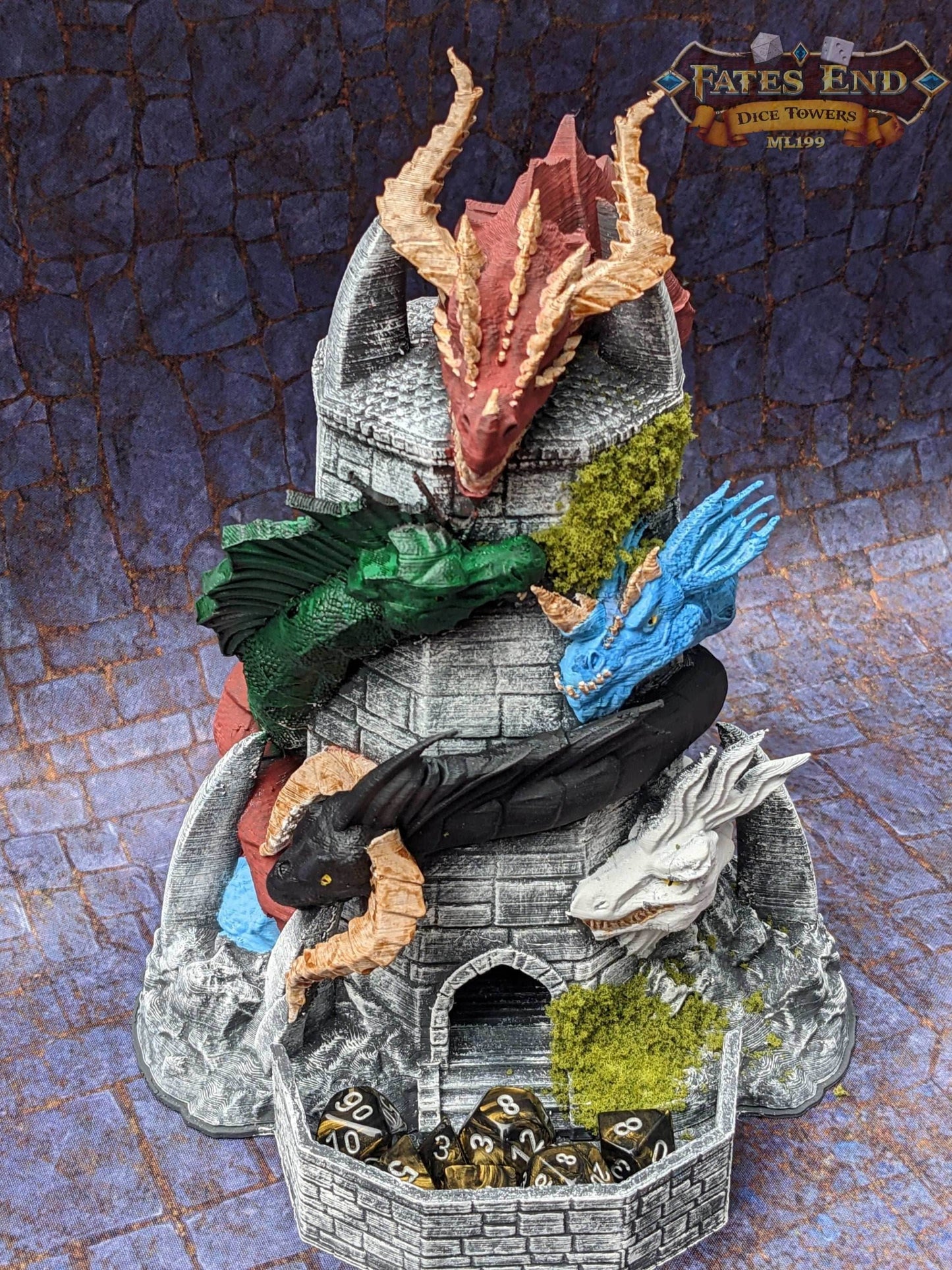Tiamat Dragon 3D Printed Dice Tower - Fate's End Collection - Tabletop RPG Gaming - DnD D&D - Unleash Fivefold Fury in Your Dice Rolls! - Black / Yes- Include Random Dice Set