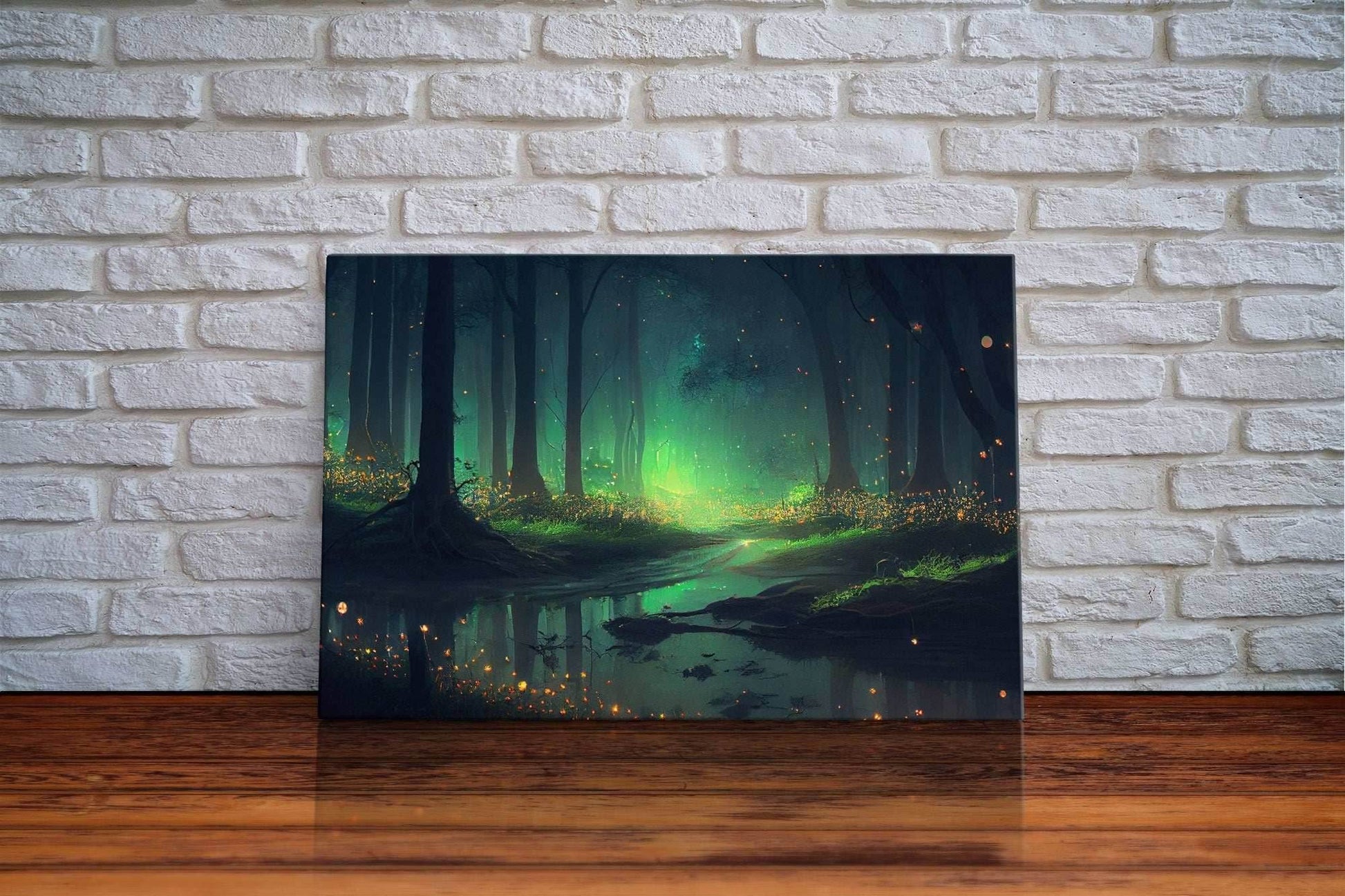 Fireflies light up a mystical fantasy forest, framed canvas art, framed print - 8x12 Inches / Gallery Wrap Canvas - Ready To Hang