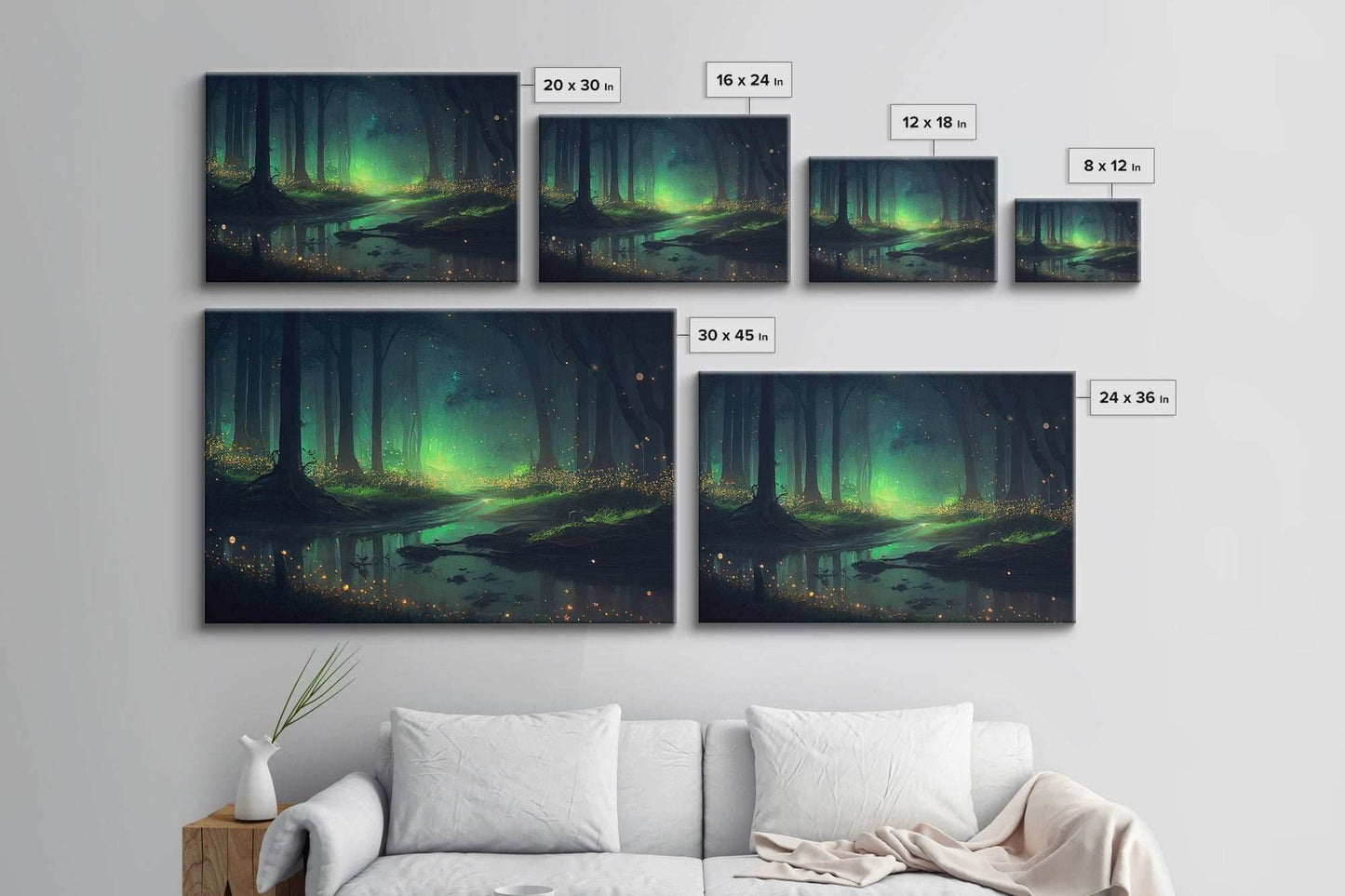 Fireflies light up a mystical fantasy forest, framed canvas art, framed print - 8x12 Inches / Gallery Wrap Canvas - Ready To Hang