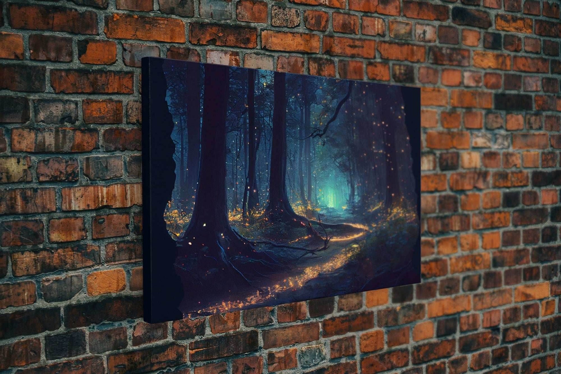 Fireflies light up a mystical fantasy forest at night, framed canvas art, framed print - 8x12 Inches / Gallery Wrap Canvas - Ready To Hang