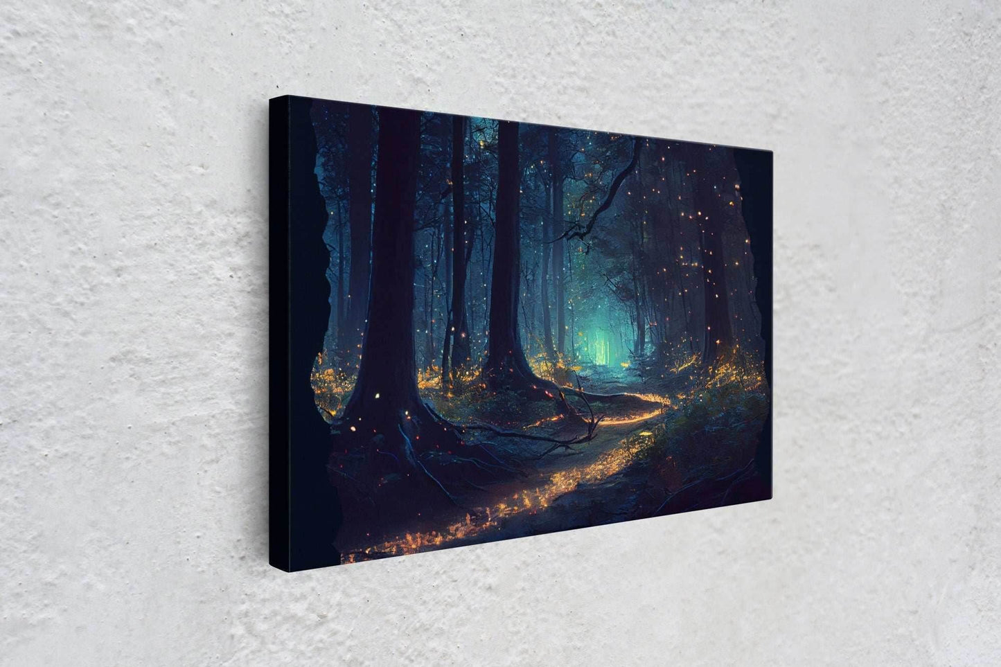 Fireflies light up a mystical fantasy forest at night, framed canvas art, framed print - 8x12 Inches / Gallery Wrap Canvas - Ready To Hang