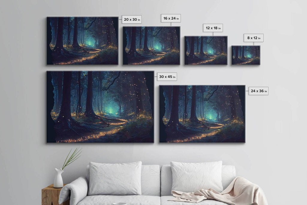 Fireflies light up a mystical fantasy forest at night, framed canvas art, framed print - 8x12 Inches / Gallery Wrap Canvas - Ready To Hang