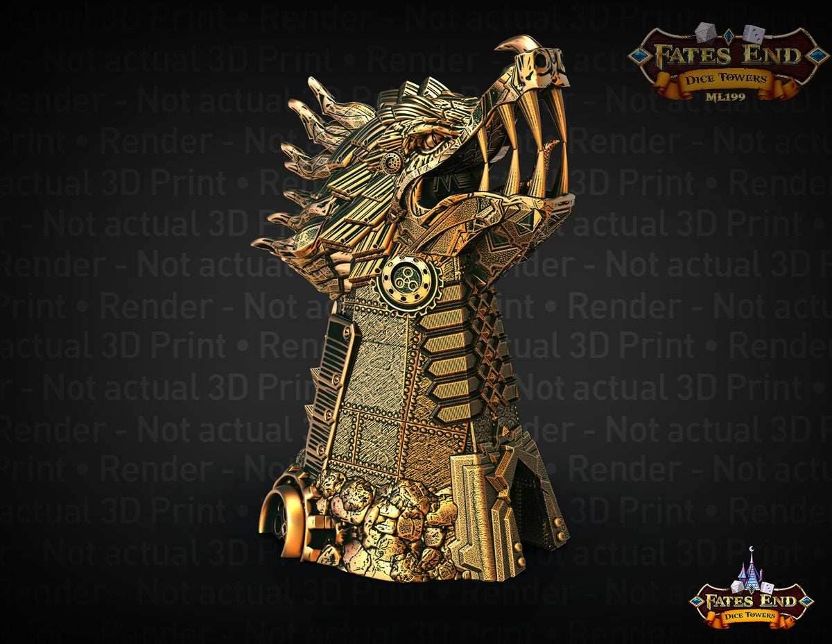 Clockwork Steampunk Dragon Dice Tower - Fate's End Collection - Unleash Mechanical Majesty and Timeless Tales with Every Roll. - Black / Yes- Include Random Dice Set