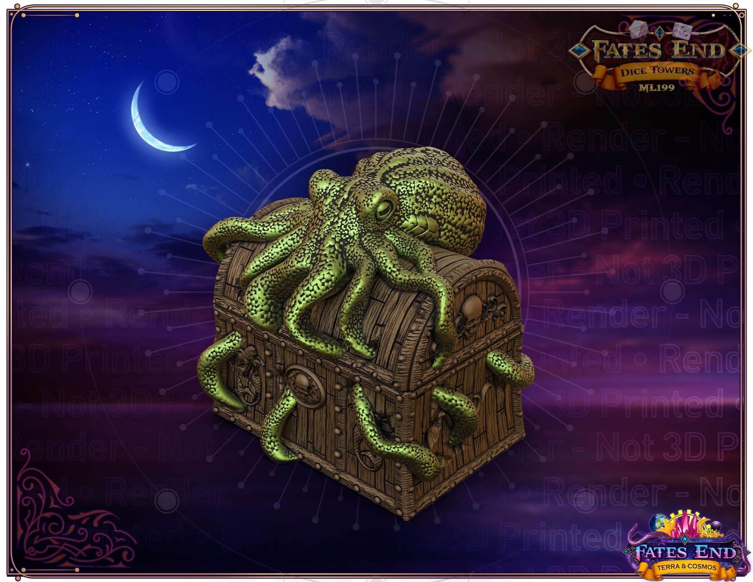 Davy Jones Locker 3D Printed Octopus Dice Jail | Pirate Dice Vault | D20 Box | Player Gift -Buried in the Sunken Depths of Legendary Lore! - Black / Yes- Include Random Dice Set