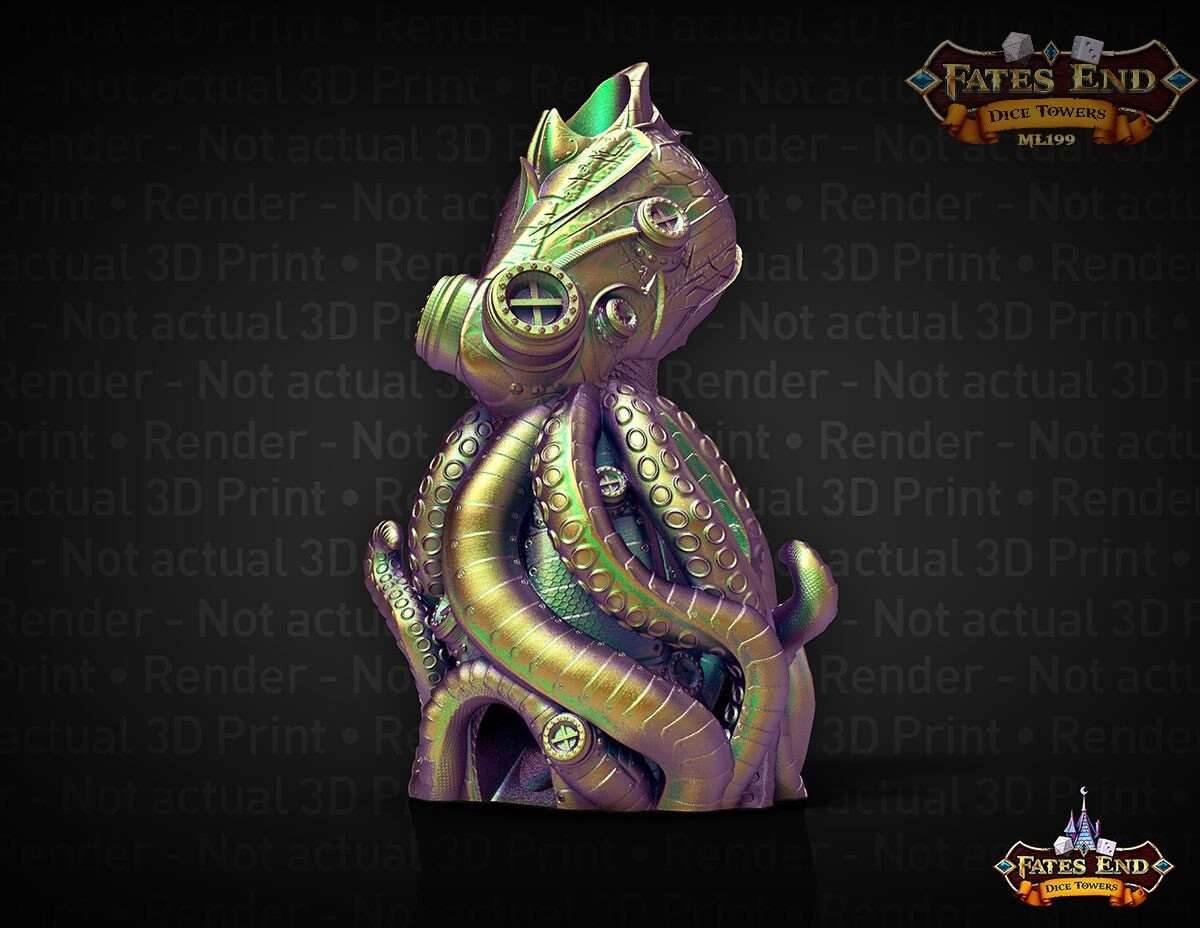 Octopunk Steampunk 3D Printed Dice Tower-Fate's End Collection- Dive Deep into a Steampunk and Octopus Inspired Design! - Black / Yes- Include Random Dice Set