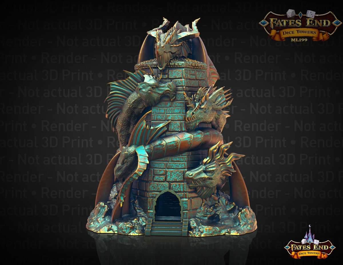 Tiamat Dragon 3D Printed Dice Tower - Fate's End Collection - Tabletop RPG Gaming - DnD D&D - Unleash Fivefold Fury in Your Dice Rolls! - Black / Yes- Include Random Dice Set