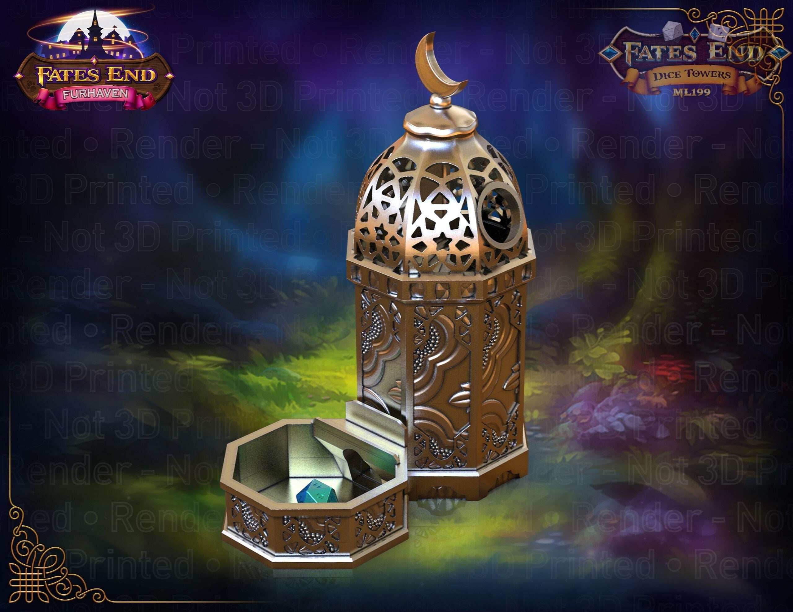 Lantern 3D Printed Dice Tower - Fate's End Furhaven Collection - Illuminate Your Destiny! - Black / Yes- Include Random Dice Set