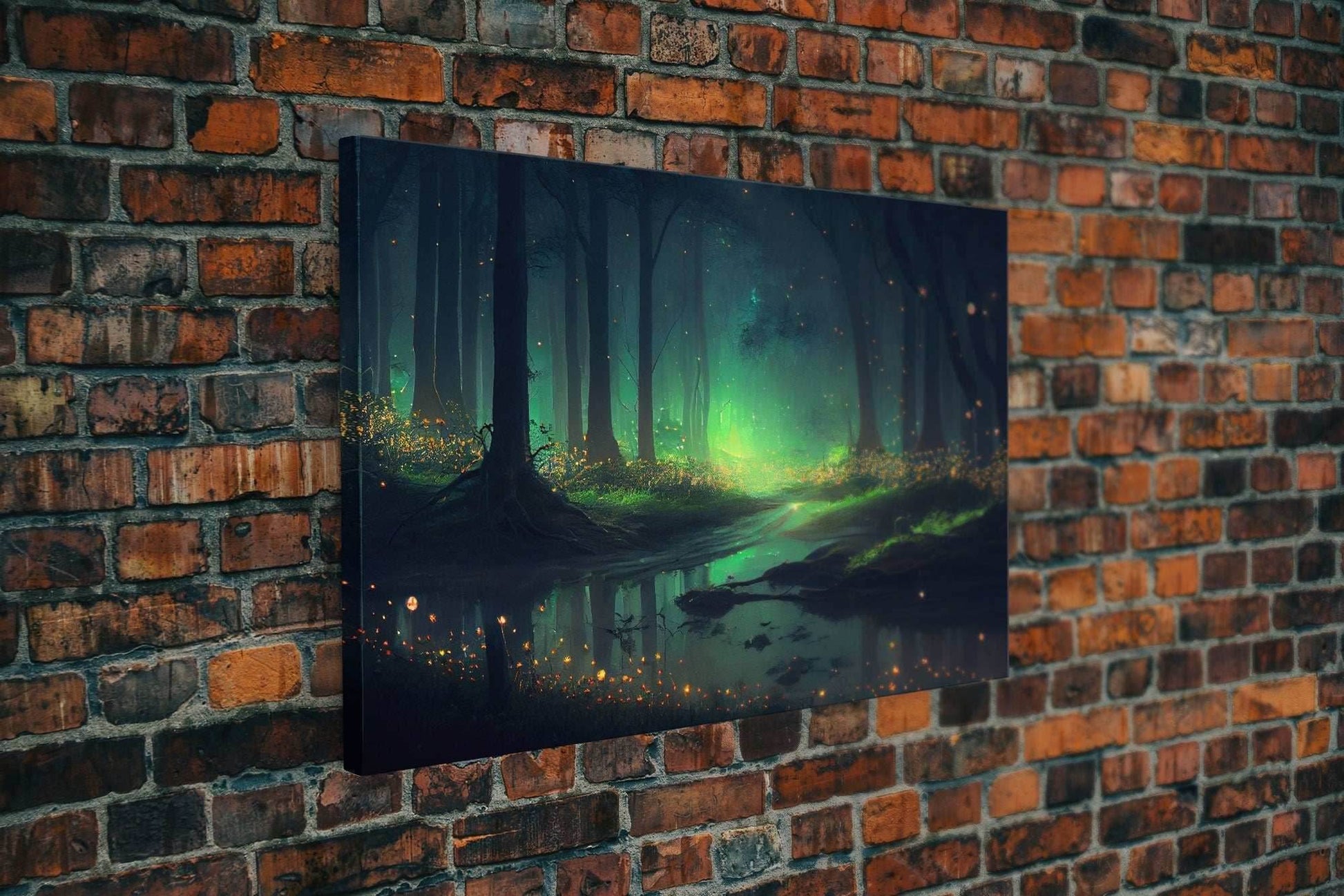 Fireflies light up a mystical fantasy forest, framed canvas art, framed print - 8x12 Inches / Gallery Wrap Canvas - Ready To Hang