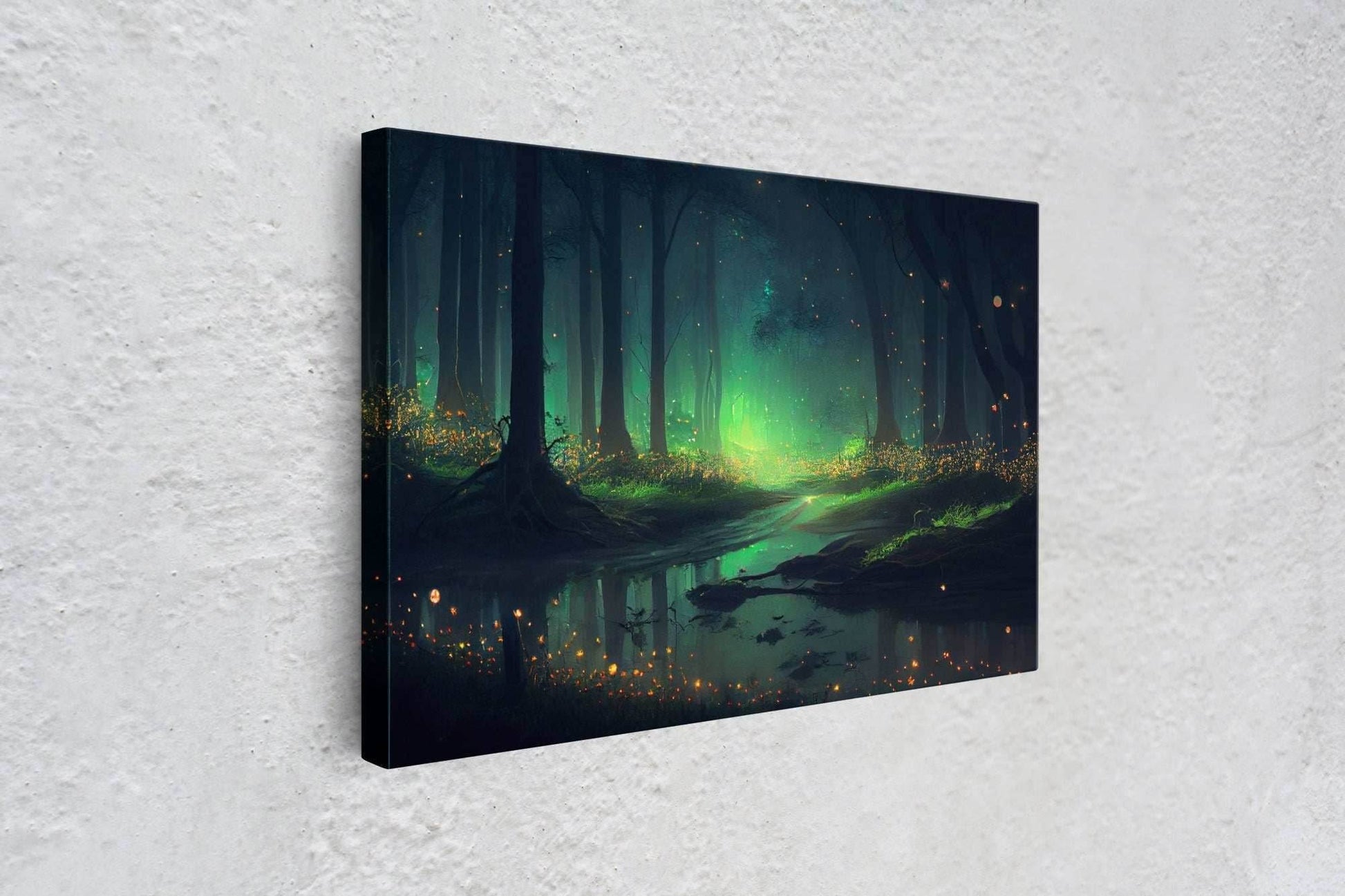 Fireflies light up a mystical fantasy forest, framed canvas art, framed print - 8x12 Inches / Gallery Wrap Canvas - Ready To Hang