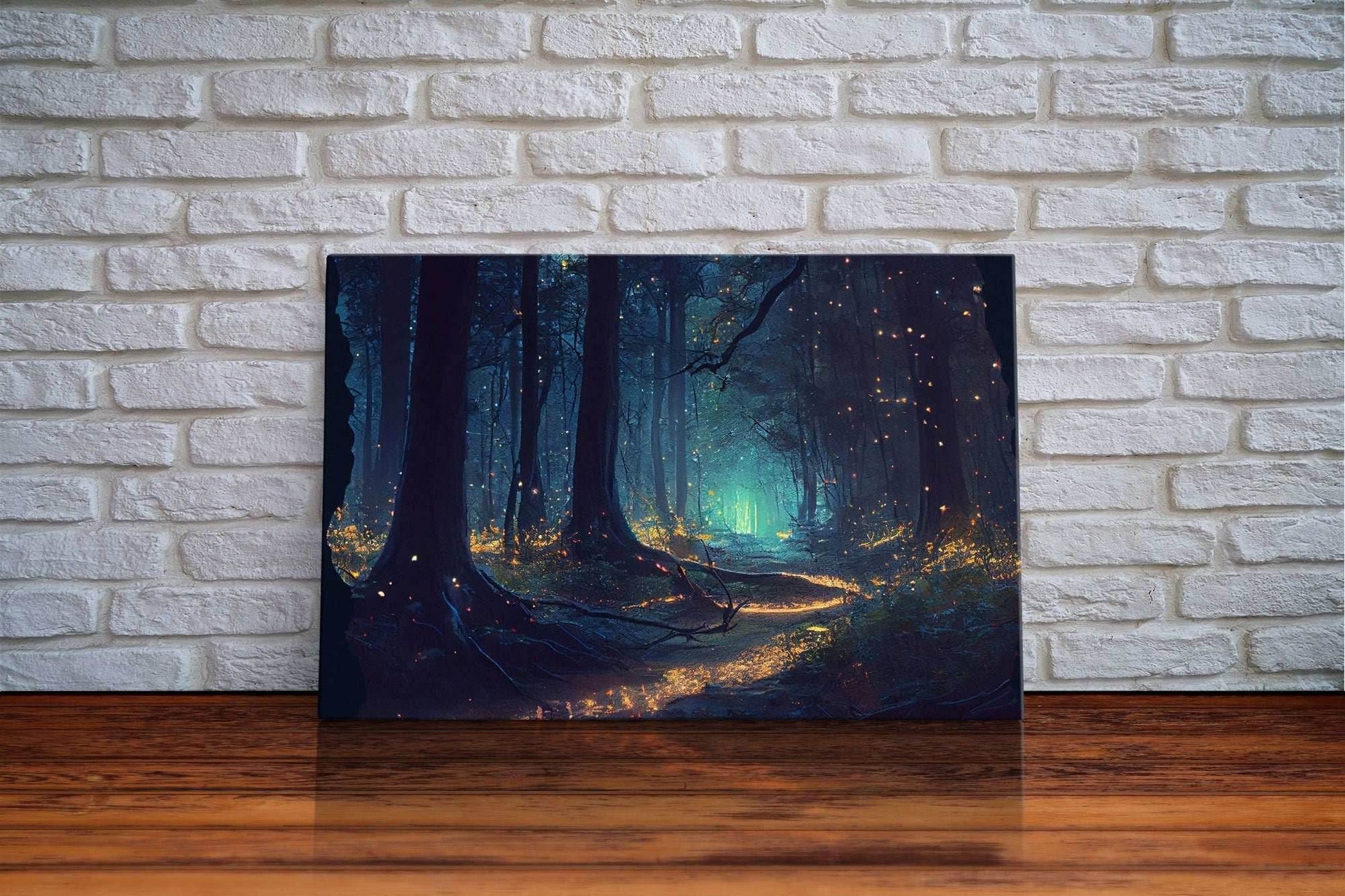 Fireflies light up a mystical fantasy forest at night, framed canvas art, framed print - 8x12 Inches / Gallery Wrap Canvas - Ready To Hang