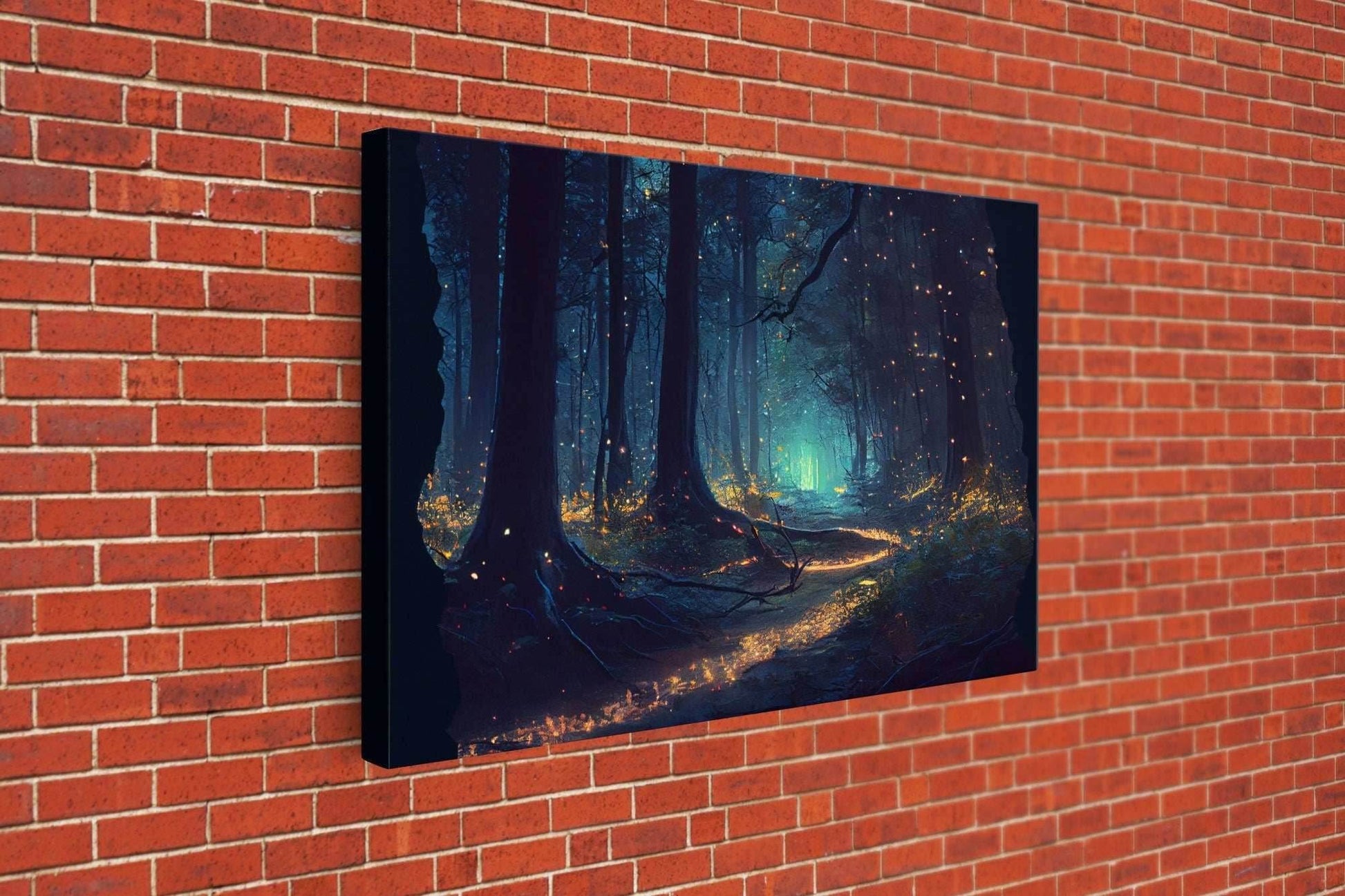 Fireflies light up a mystical fantasy forest at night, framed canvas art, framed print - 8x12 Inches / Gallery Wrap Canvas - Ready To Hang