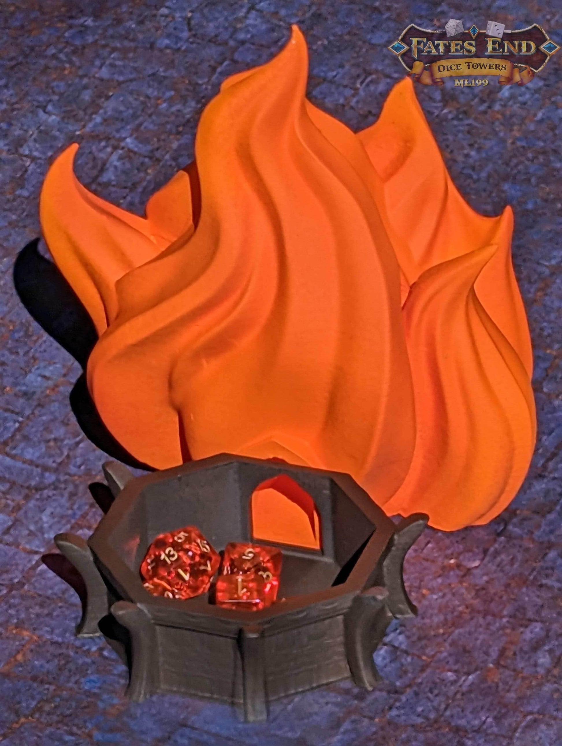 Sorcerer Fire 3D Printed Dice Tower | RPG Wizard Dice Roller | Fate's End Collection- Embrace the Fiery Passion of the Arcane Flame! - Black / Yes- Include Random Dice Set