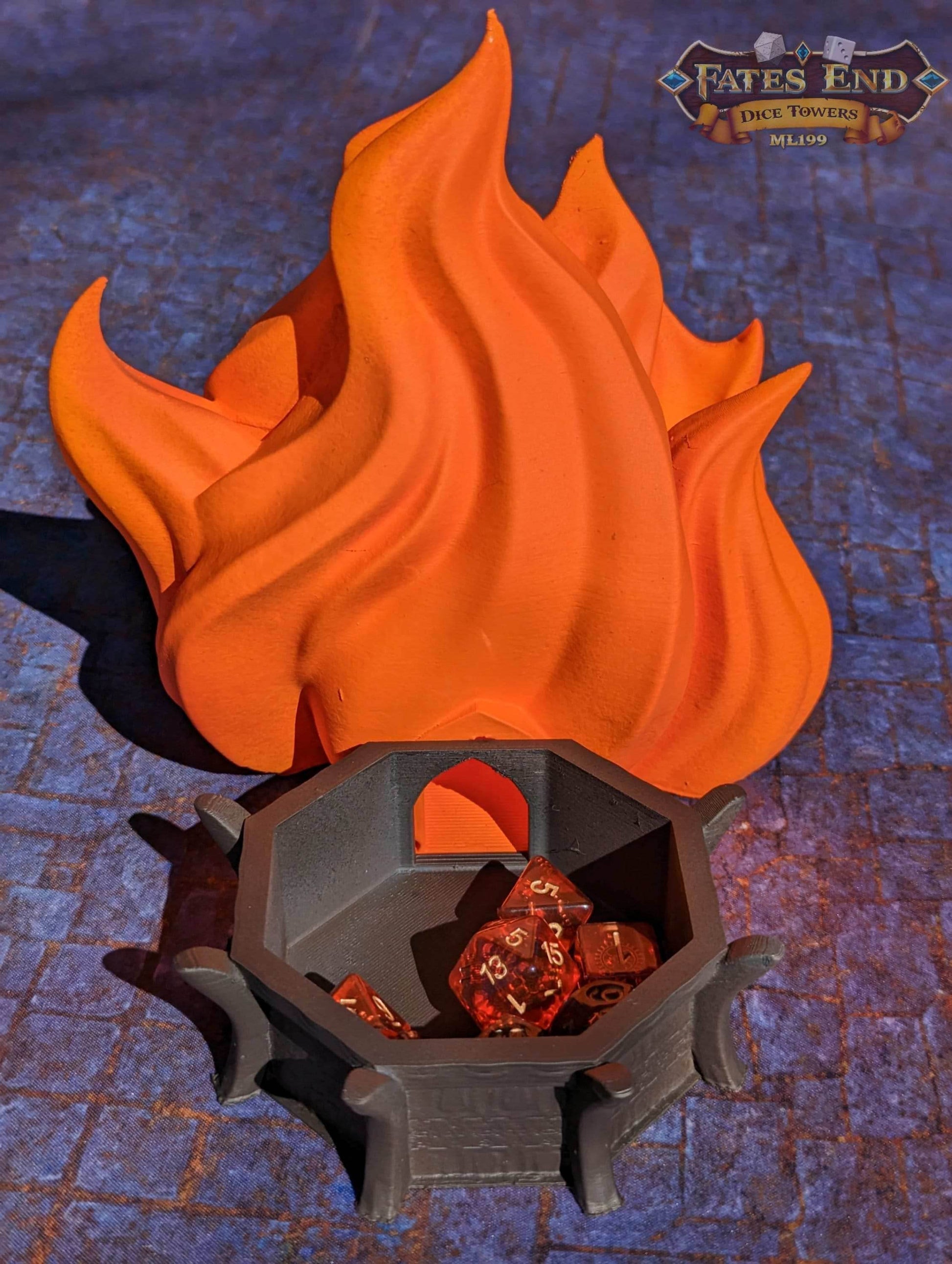 Sorcerer Fire 3D Printed Dice Tower | RPG Wizard Dice Roller | Fate's End Collection- Embrace the Fiery Passion of the Arcane Flame! - Black / Yes- Include Random Dice Set