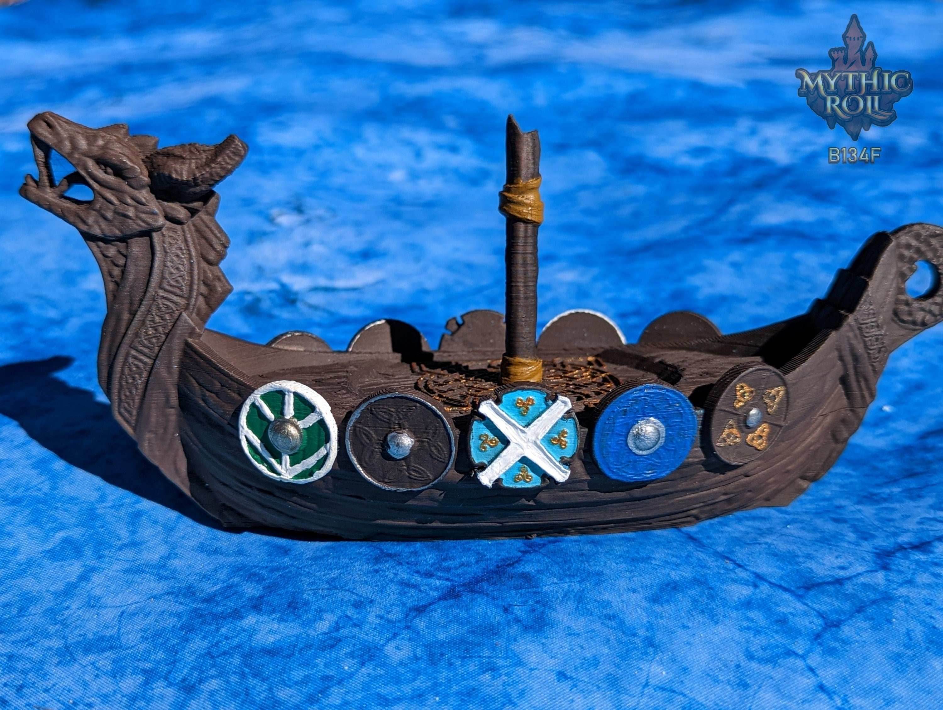 Viking Longboat 3D Printed Dice Jail | RPG Dice Vault | D20 Storage Box | Player Gift | Mythic Roll by Unchained Games - Black / Yes- Include Random Dice Set