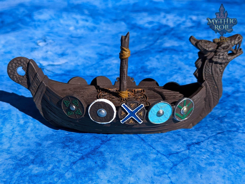 Viking Longboat 3D Printed Dice Jail | RPG Dice Vault | D20 Storage Box | Player Gift | Mythic Roll by Unchained Games - Black / Yes- Include Random Dice Set