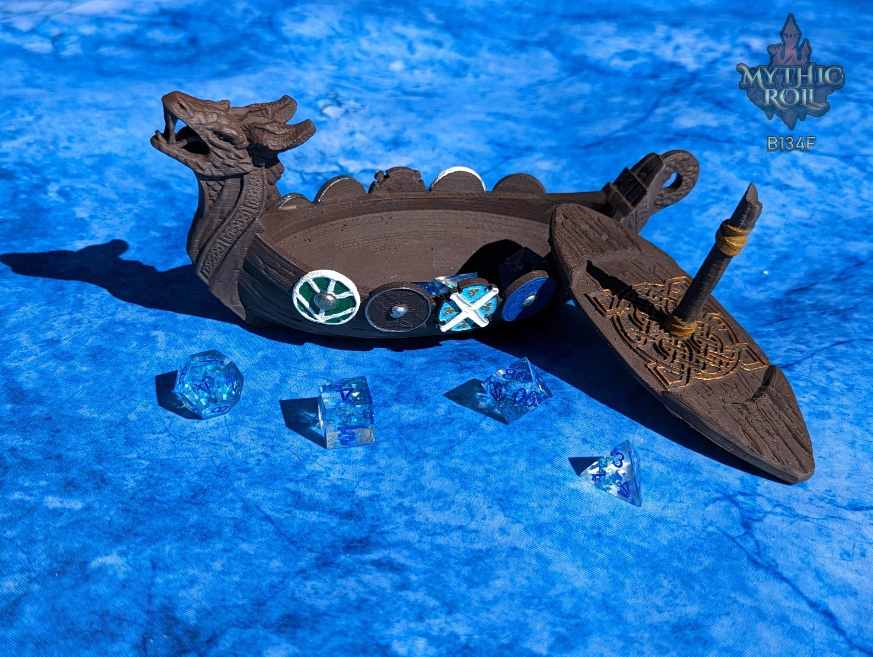 Viking Longboat 3D Printed Dice Jail | RPG Dice Vault | D20 Storage Box | Player Gift | Mythic Roll by Unchained Games - Black / Yes- Include Random Dice Set