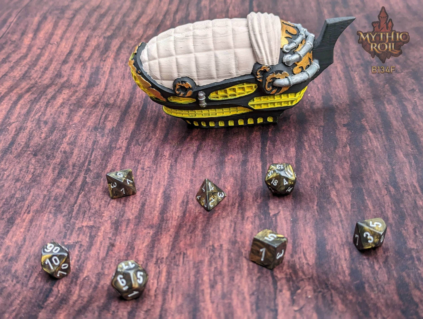 Steampunk Blimp Airship 3D Printed Dice Vault - Mythic Roll by Unchained Games | RPG Dice Jail | D20 Dice Box - Elevate Your Rolls! - Black / Yes- Include Random Dice Set