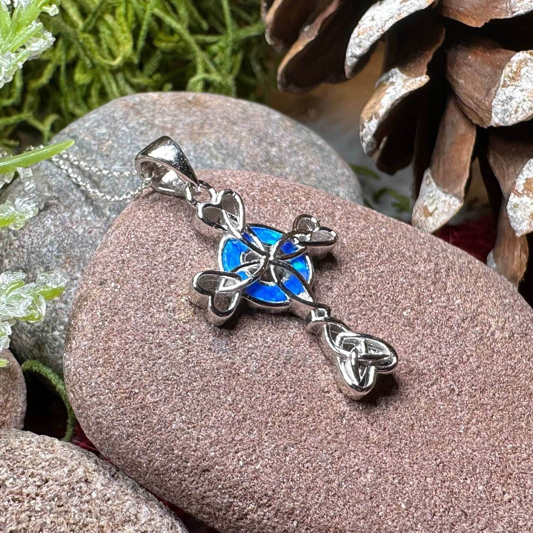 Gaelle Celtic Cross Opal Necklace - Blue